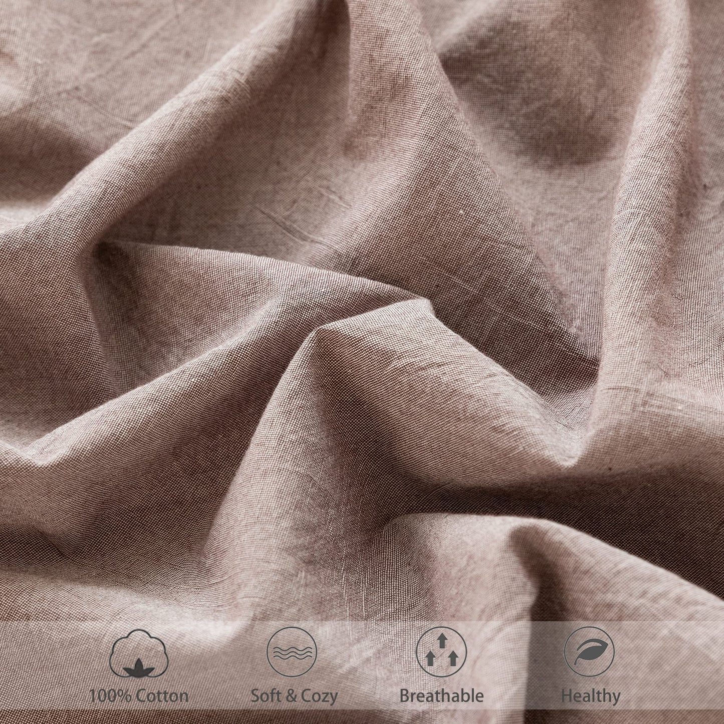 MooMee Fitted Bottom Sheet Only 100% Washed Cotton Linen Like Textured Breathable Durable Soft Comfy Deep Pocket Fits Mattress up to 17" (Mauve Brown, Queen)