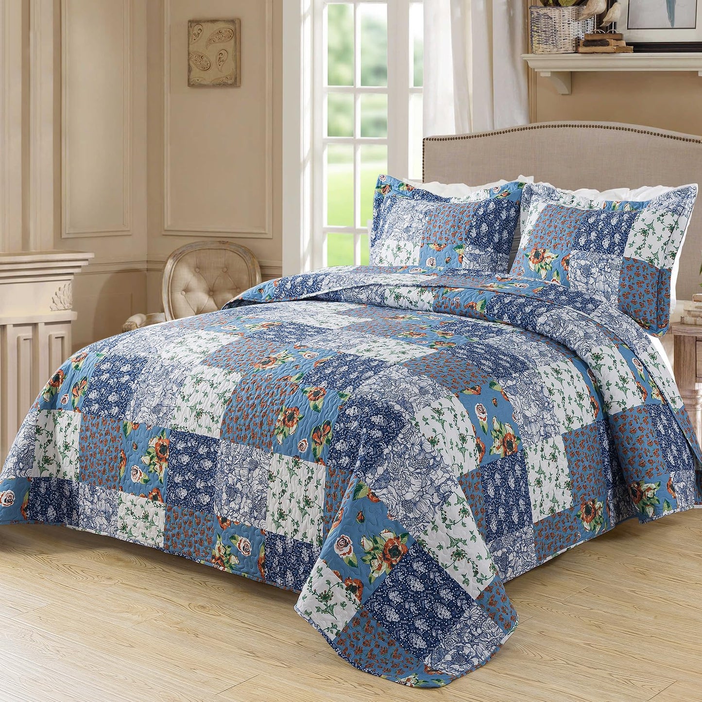 BEDIFANY Quilts Queen Size Bedding Set - Cotton-Filled Lightweight Bedspreads Queen Size (90 x 98 inch) with Garden Pattern - Reversible Farmhouse Queen Quilt Bedding Sets for Decorations, 3 Pieces
