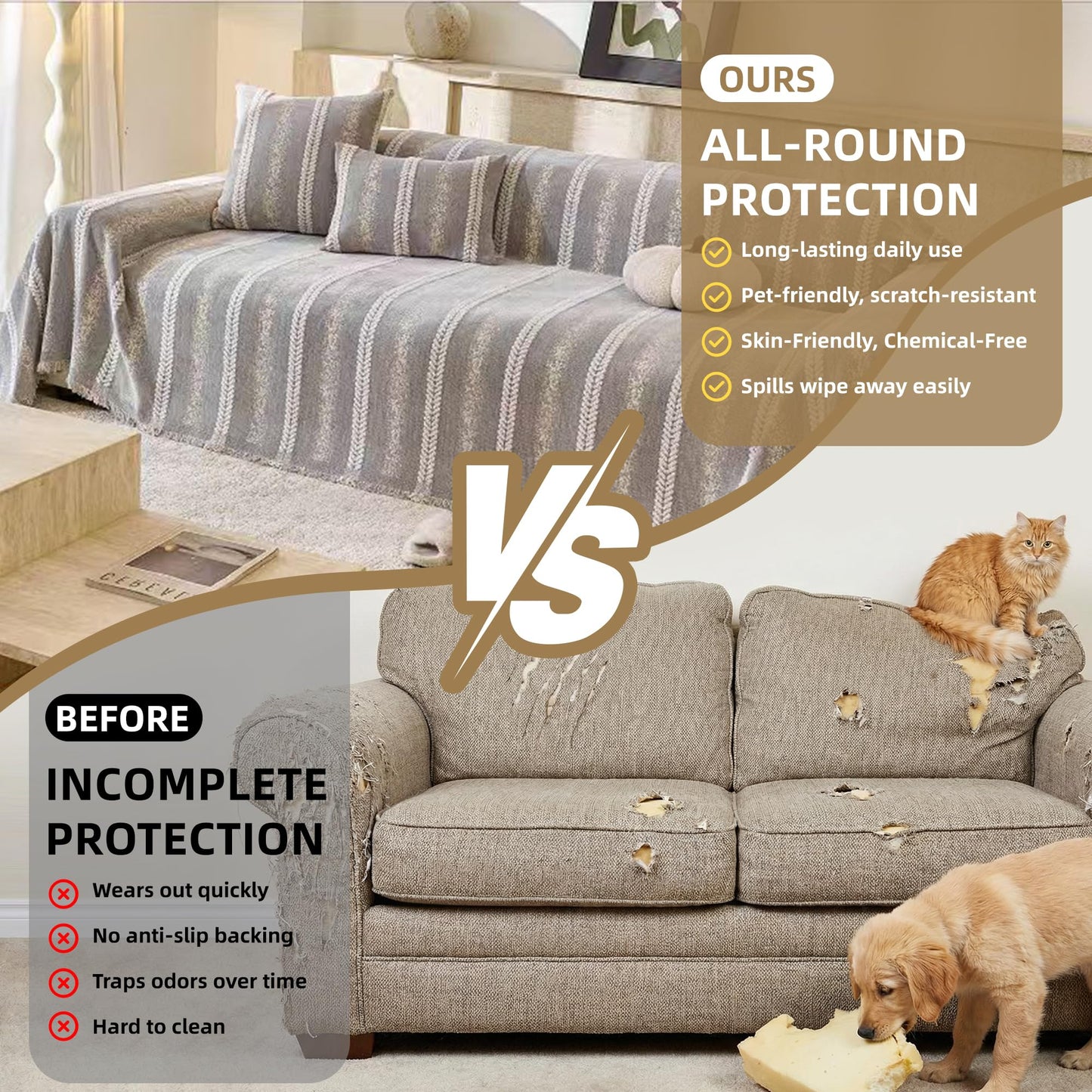 Fuyulacom Couch Cover for Dogs Washable Sofa Cover, Sectional Couch Covers, Sofa Covers for 2 Cushion Couch, Non Slip Stripe Sofa Slipcovers Furniture Protector (Light Grey, 71 * 118)