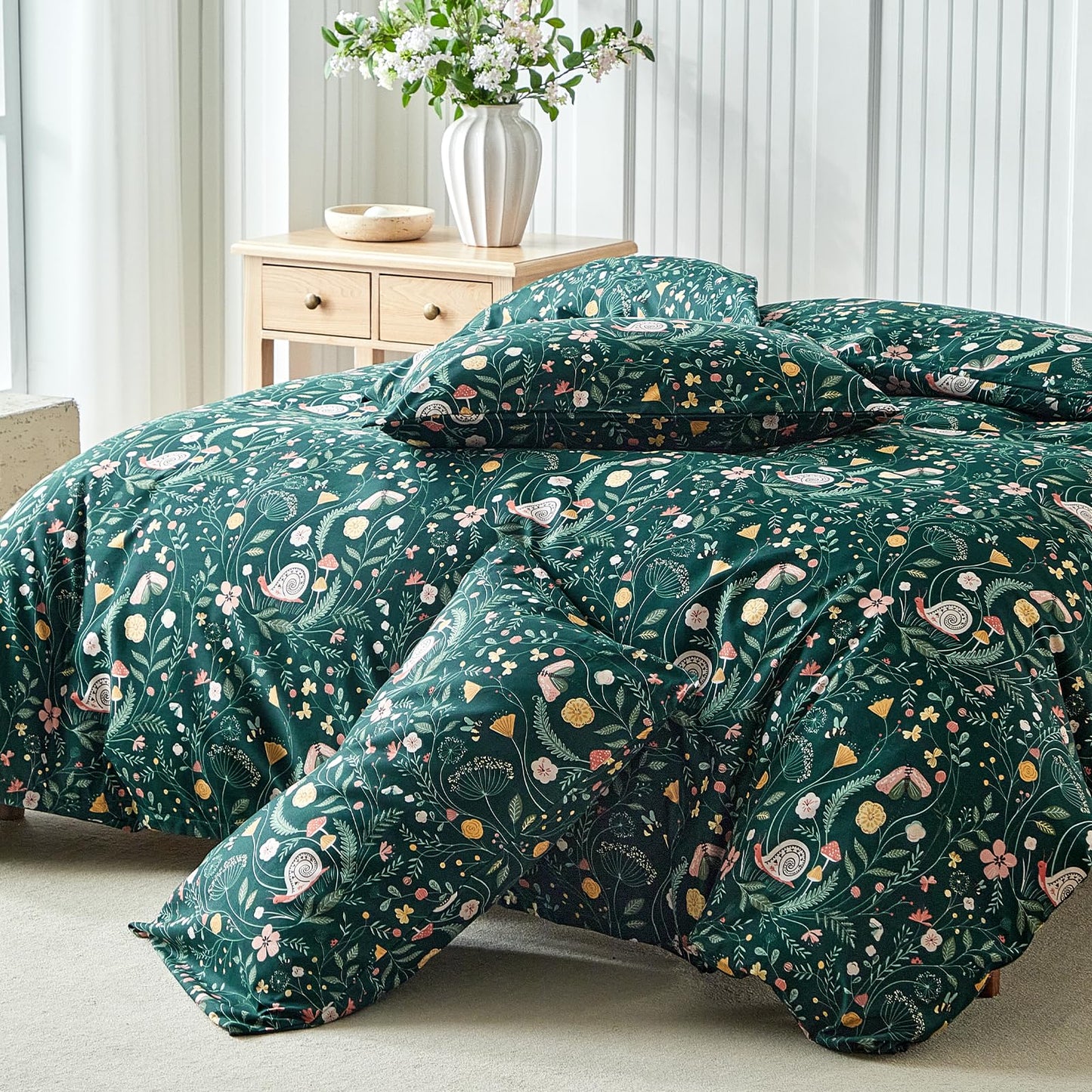 Lekesky King Size Reversible Duvet Cover, Duvet Cover King Size 3 Piece Insect World Microfiber Botanical Bedding Set with Zipper Closure 8 Corner Ties