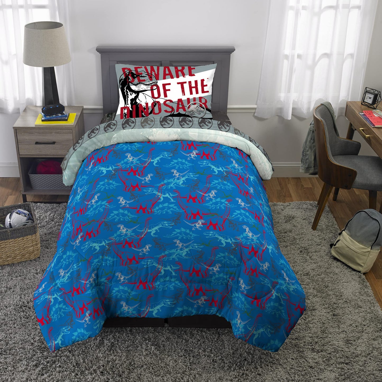 Jurassic World Dominion Blue Velociraptor and Rexy T-Rex Super Soft Microfiber Reversible Comforter, Twin Size, Bedding by Franco Kids