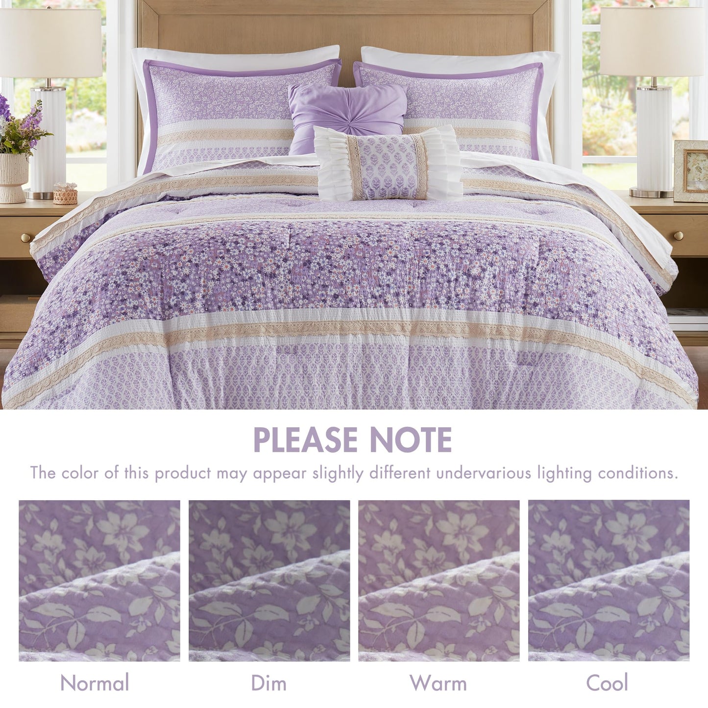Madison Park Comforter Set, Seersucker Floral King Size Comforter Sets, Microfiber Comforters, All Season Lightweight Comforter, Throw Pillows, Caralie, King/Cal King Purple 5 Piece
