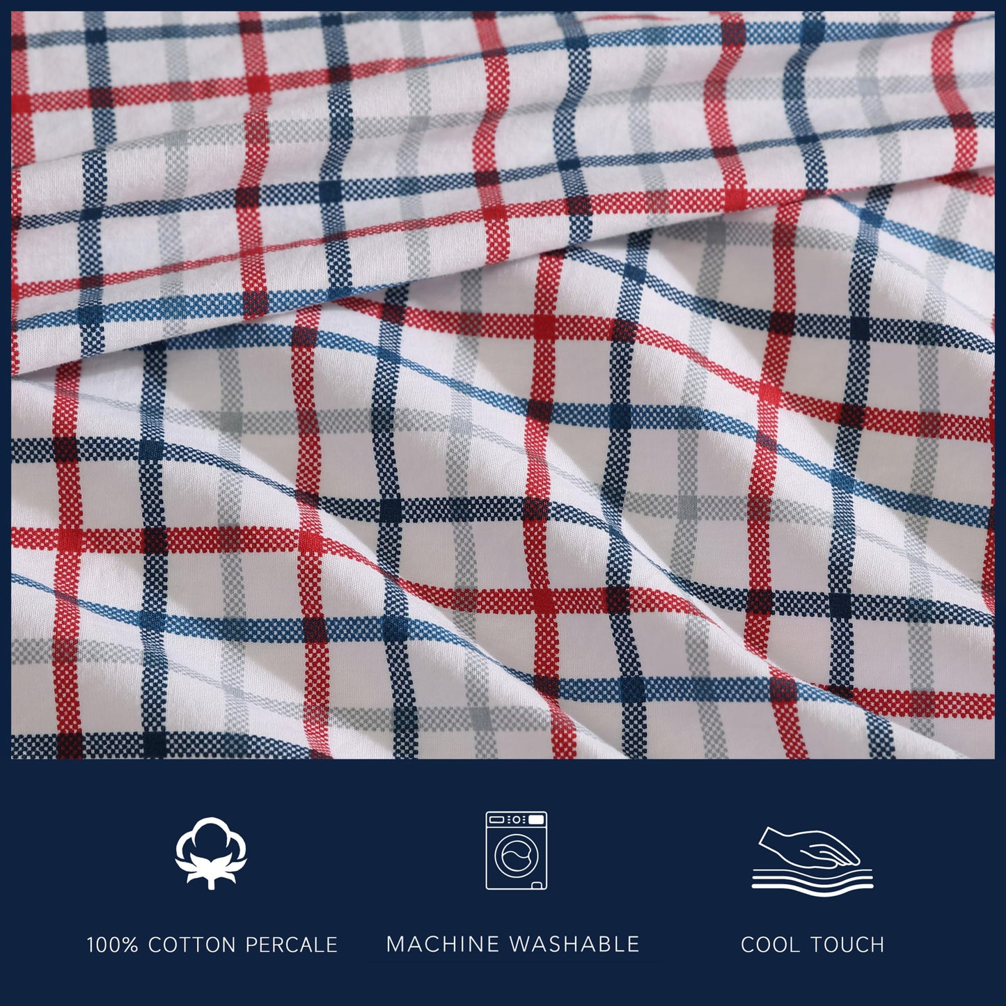 Nautica – Full Size Sheet Set, Crisp Cotton Percale Bedding with Matching Pillowcases, Lightweight & Breathable Bed Sheets, Deep Pocket, College Dorm Room Essentials (Boating Tattersall Grey)