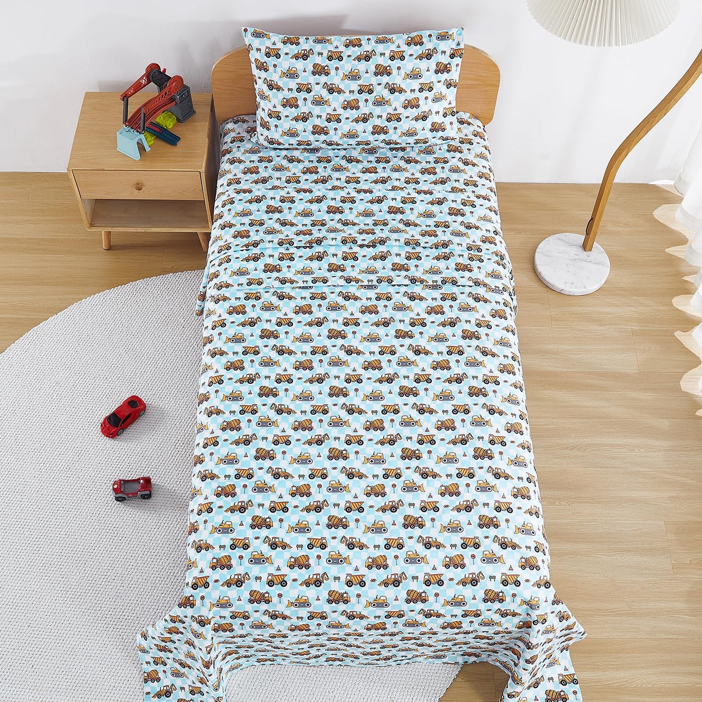 lasoftan Kids Sheet Set Twin Size, Twin Sheet Set with Grid Excavator Pattern,Breathable Silky Soft Microfiber Kids Fitted Sheet