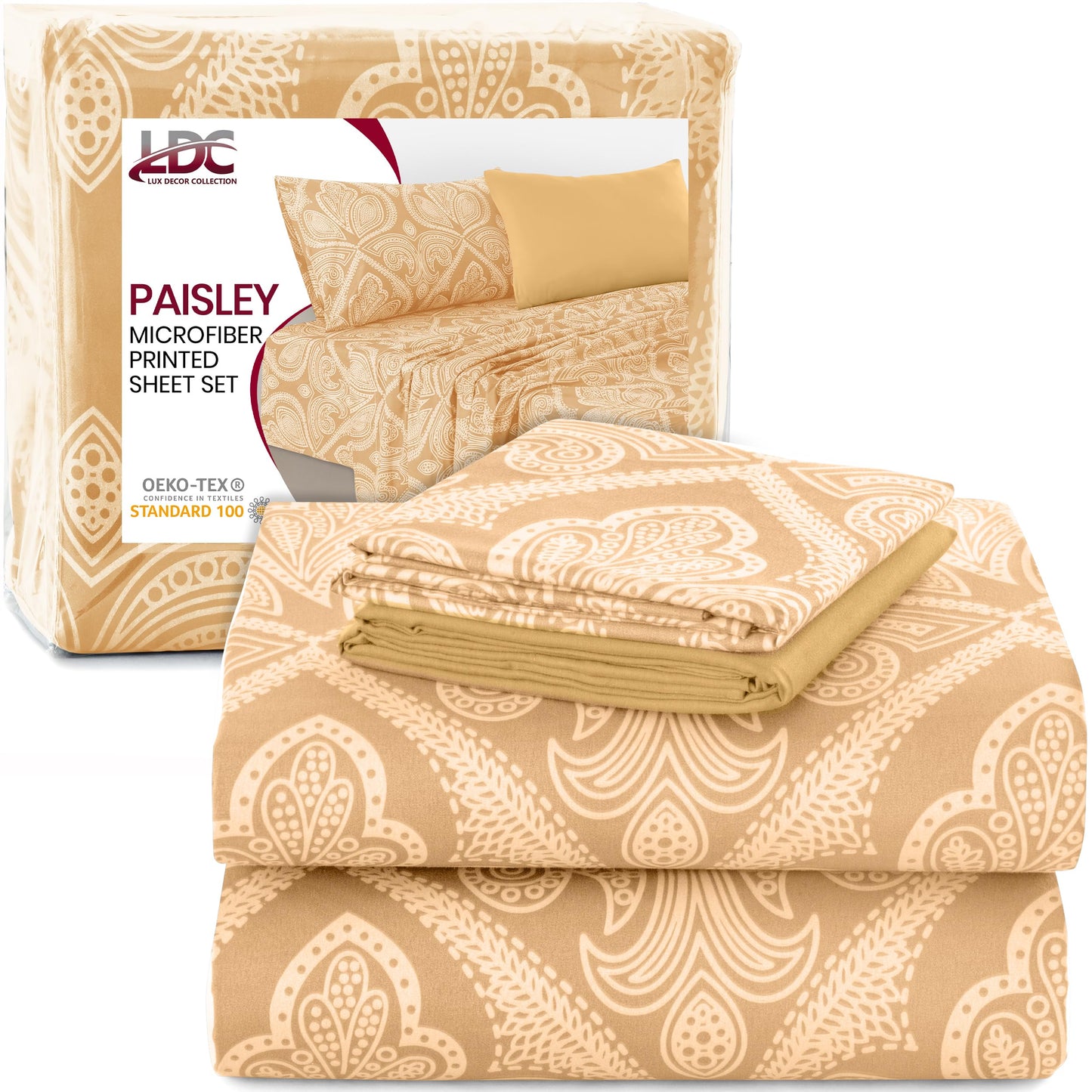 Ultra Soft Wrinkle-Free Microfiber Paisley Twin XL Sheet Set, Cute Floral Pattern Boho Print – 16" Deep Pocket Fitted Sheet, Flat Sheet & 2 Pillowcases, Breathable, OEKO-TEX - Taupe