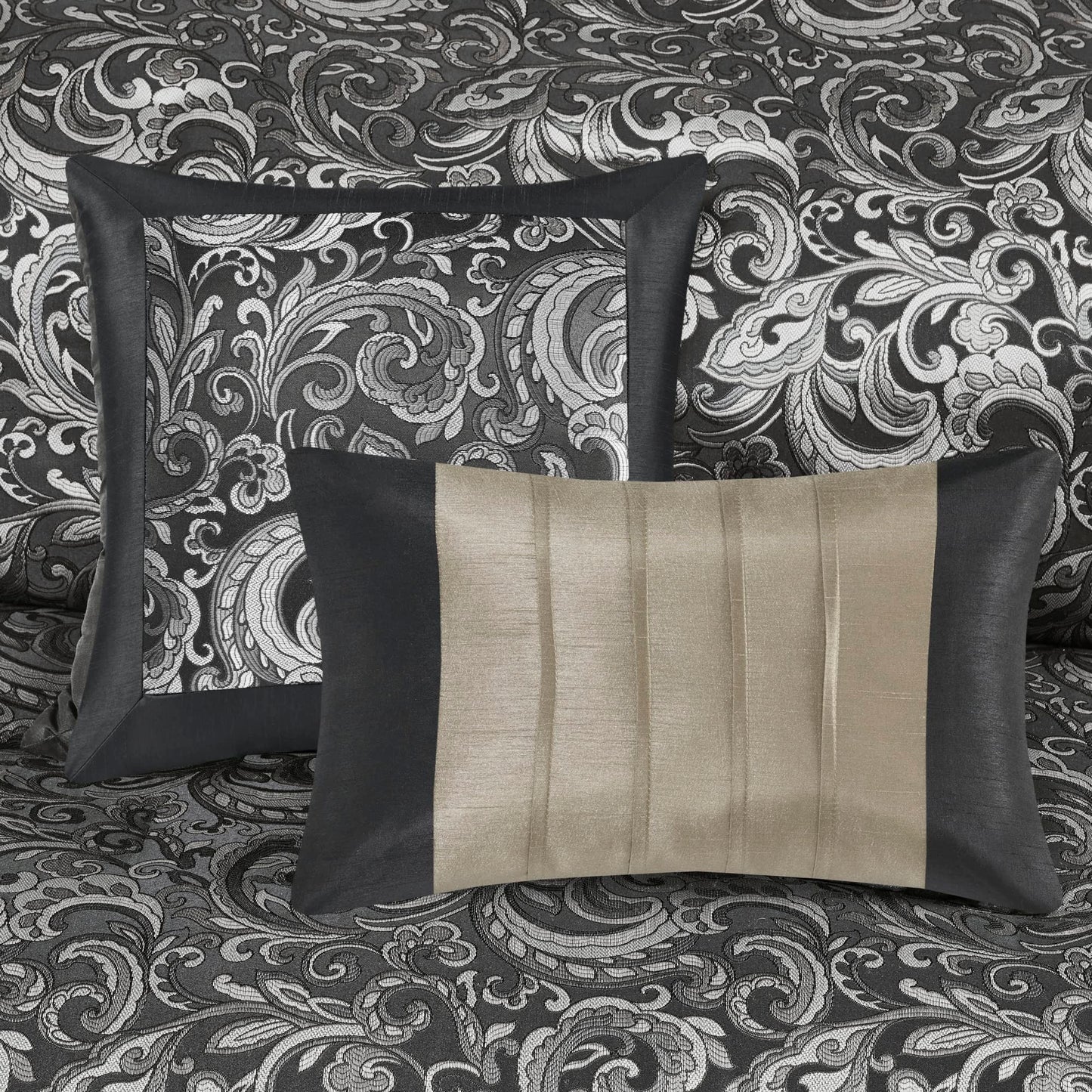 Madison Park Essentials Brystol 24 Piece Room in a Bag Faux Silk Comforter Jacquard Paisley Design Matching Curtains Down Alternative All Season Bedding-Set, Queen(90 in x 90 in), Black 24 Piece