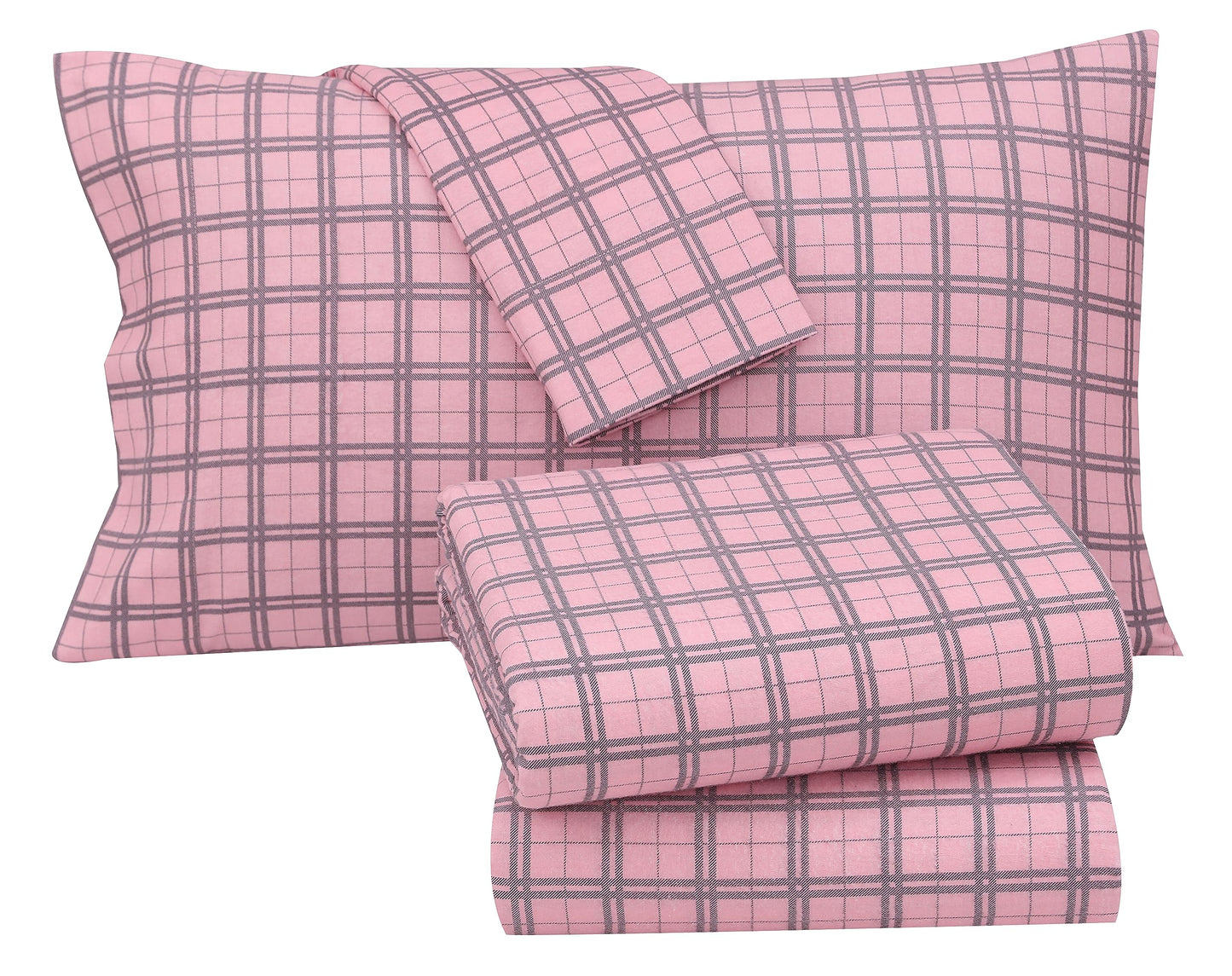 RUVANTI Flannel Sheets Queen Size - 100% Cotton Double Brushed Bed Sheets, Deep Pockets 16 Inches Queen Sheet Set, All Seasons Breathable & Extra Soft - Warm & Cozy, 4 Piece, Check & Bolt Pink