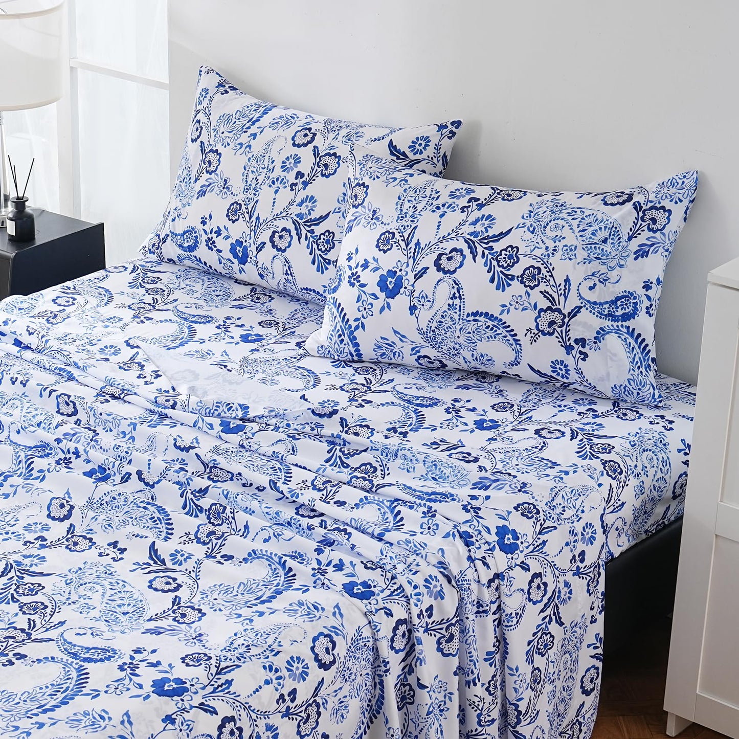 Yibeizi King Size Sheets Set Deep Pocket Blue Floral Bed Sheet Sets, Paisley Printed Soft Microfiber Oeko-Tex Hypoallergenic Sheets & Pillowcases Wrinkle Free Bedsheets