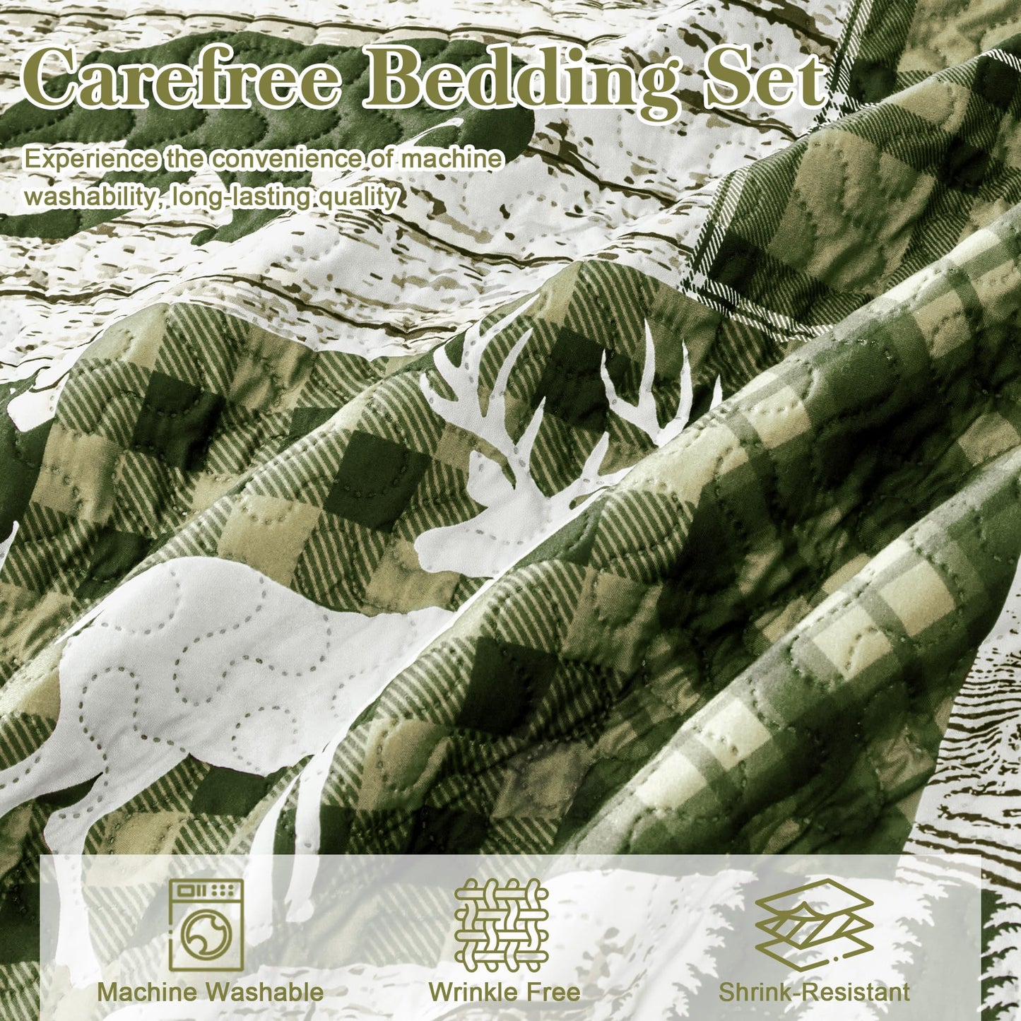 3 Piece Cabin Full/Queen Quilt Sets Farmhouse Rustic Reversible Microfiber Soft Lightweight Bedspread Comforter with 2 Shams Patchwork Country Lodge Bedding Quilts Set for All Season, 90''x96'', Green