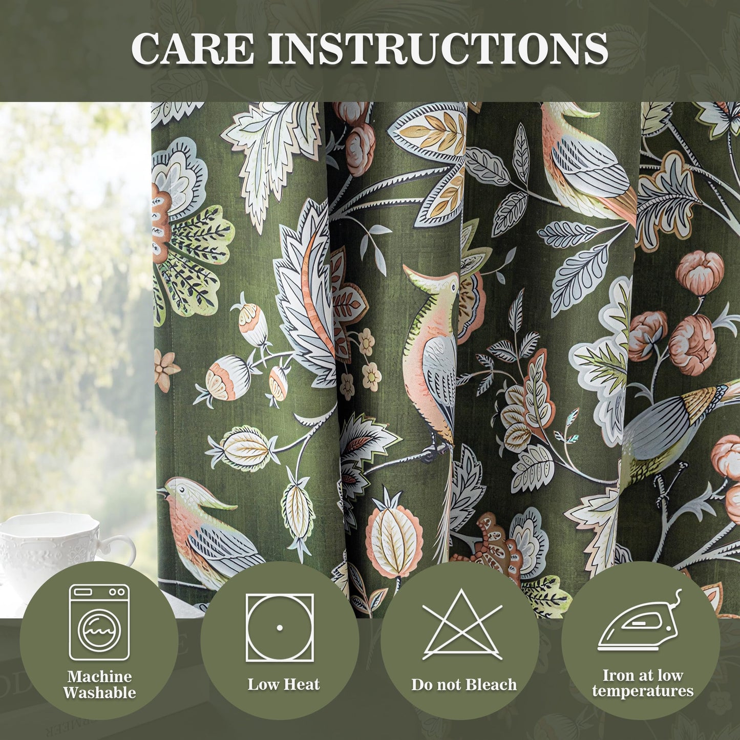 MYSKY HOME Green Boho Floral Blackout Living Room Curtains 84 inch Long Thermal Insulated Room Darkening Noise Reduce Cottage Curtains with Flower Bird Patterned Grommet Drapes, 2 Pcs, 52" Wide,