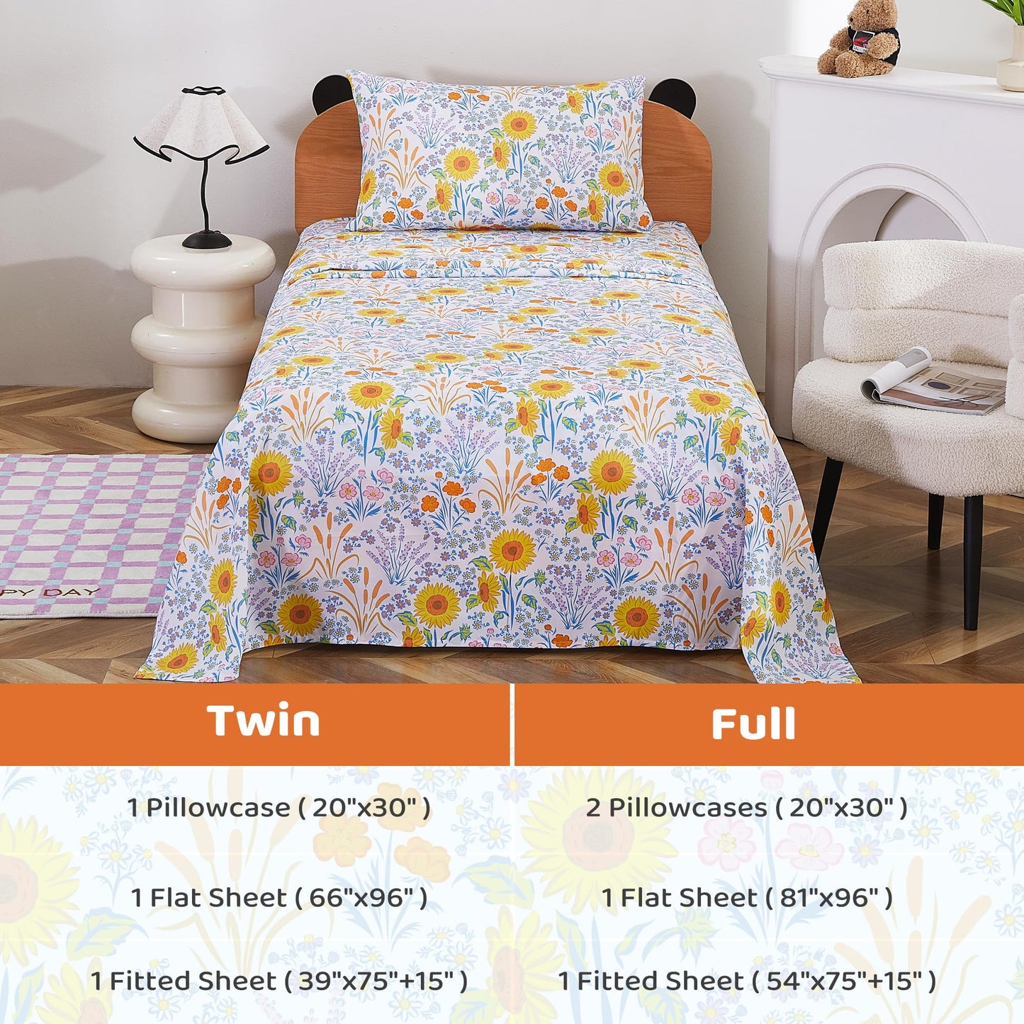Viviland 3 Pieces Girls Floral Spring Twin Sheet Set - Soft Microfiber Fitted Flat Sheets & Pillowcase Bed Sheet Set - Summer Sunflower Print Bedding Sets for Kids