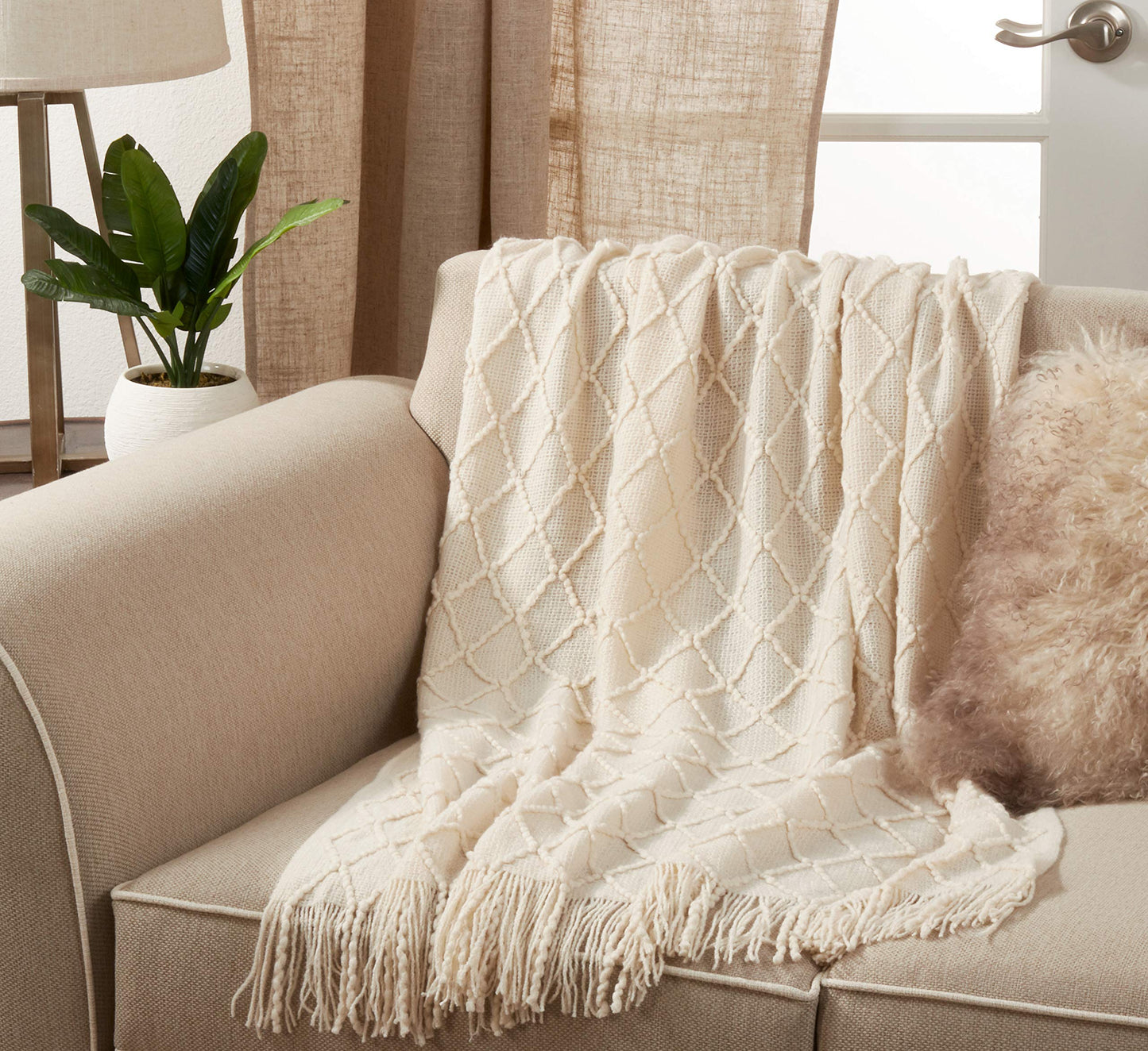 SARO LIFESTYLE Knitted Throw Blanket, Ivory, 50"x60" (TH401.I5060)