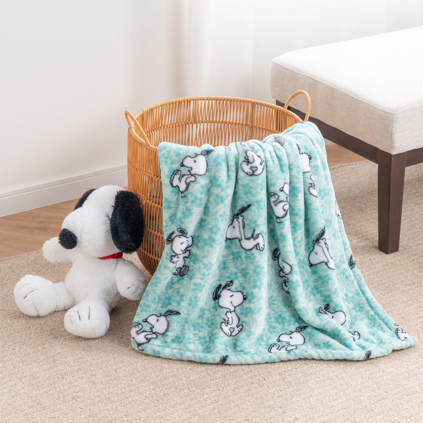 Berkshire Blanket Peanuts® VelvetLoft® Cute Character Snoopy Plush Throw Blanket,Snoopy Springtime Floral Dance Large Blue,Throw 55 in x 70 in (Official Peanuts® Product)