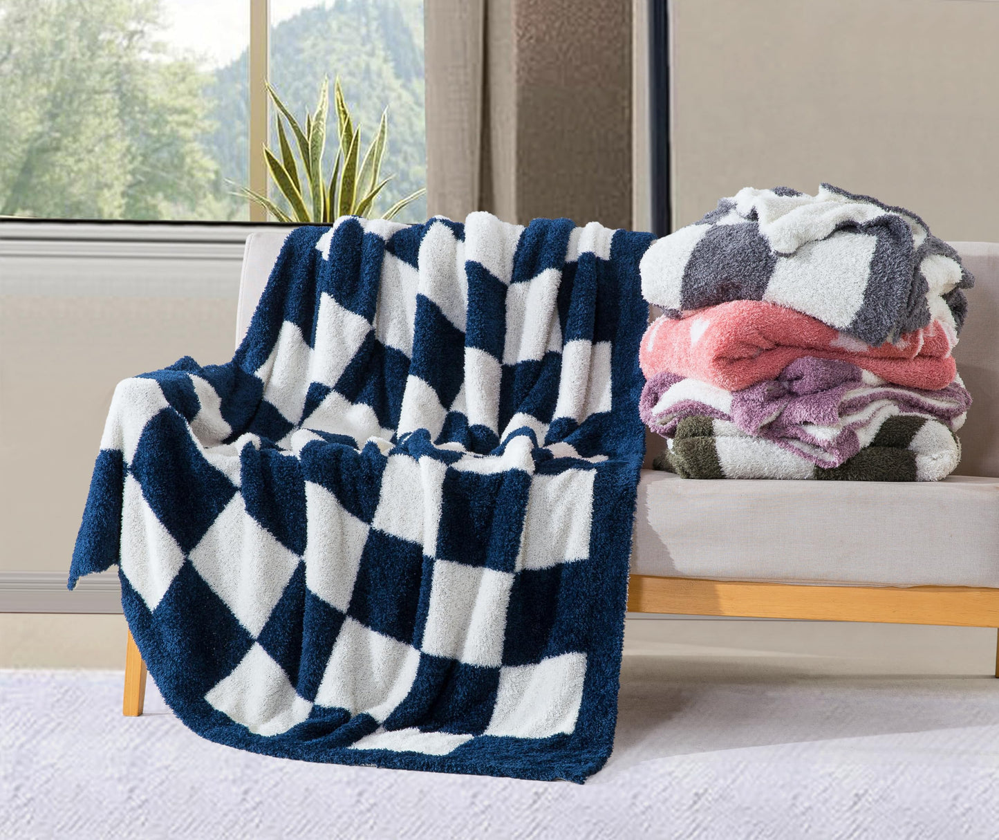 CLOUDS HUG Purple Checkered Throw Blanket for Couch - Super Soft Knit Bed Blanket for Mother,Fluffy Fuzzy Plush Lightweight Cozy Throws for Sofa ,50" x 60"