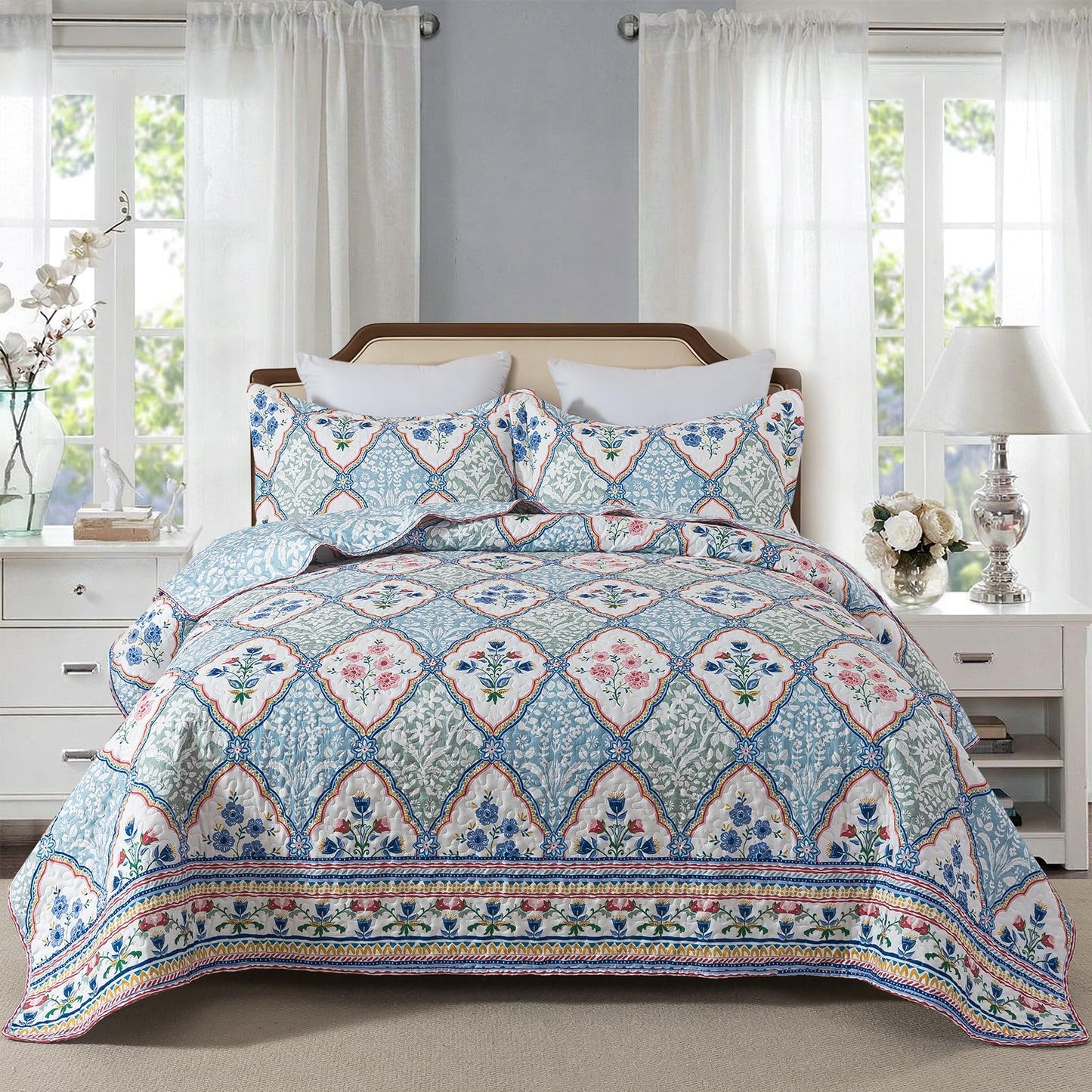 Etwel Lightweight Queen Size Quilt Set - Breathable Reversible Cotton Bedspread for Hot Sleepers, Farmhouse Floral Bedding Set with 2 Pillow Shams for All Season (90"x98", Light Blue Geometric)