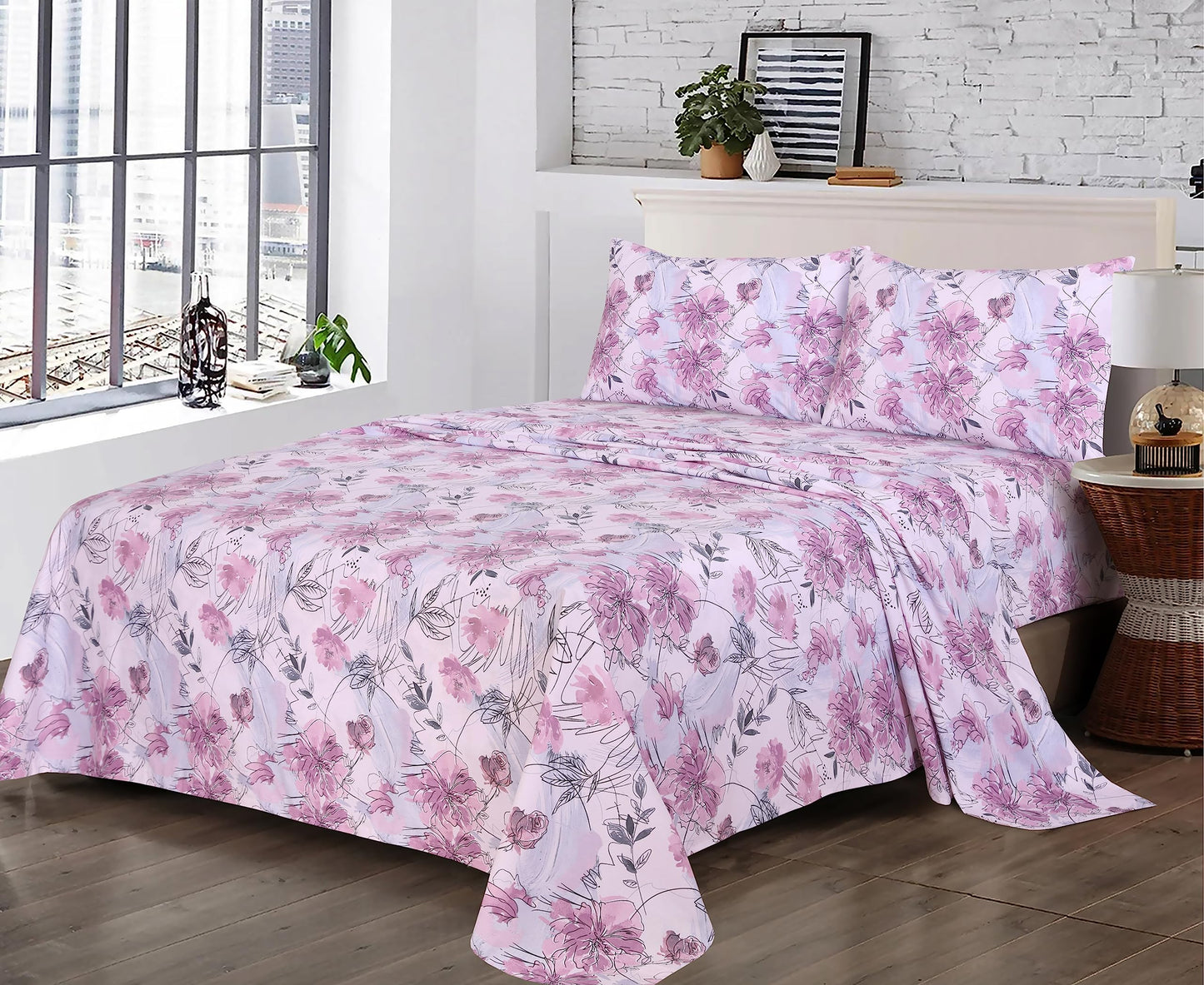 RUVANTI 100% Cotton Percale Sheets Queen Size, Lilac Floral