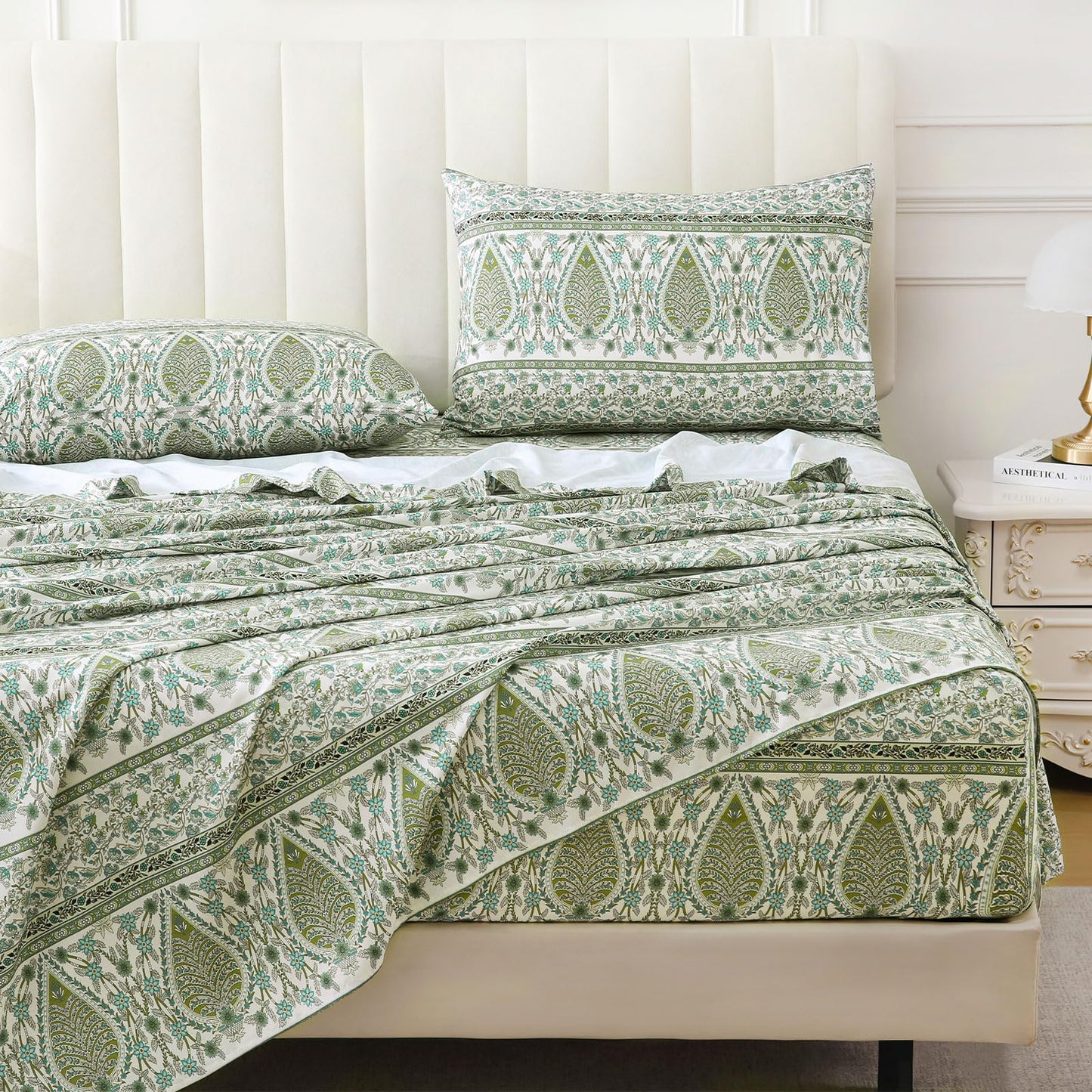 ChicView Queen Size Paisley Printed Sheet Set,4 Pieces Boho Style Breathable Soft Microfiber Bedsheets, Anti Pilling Deep Pockets Easy Care Bed Sheets, Green