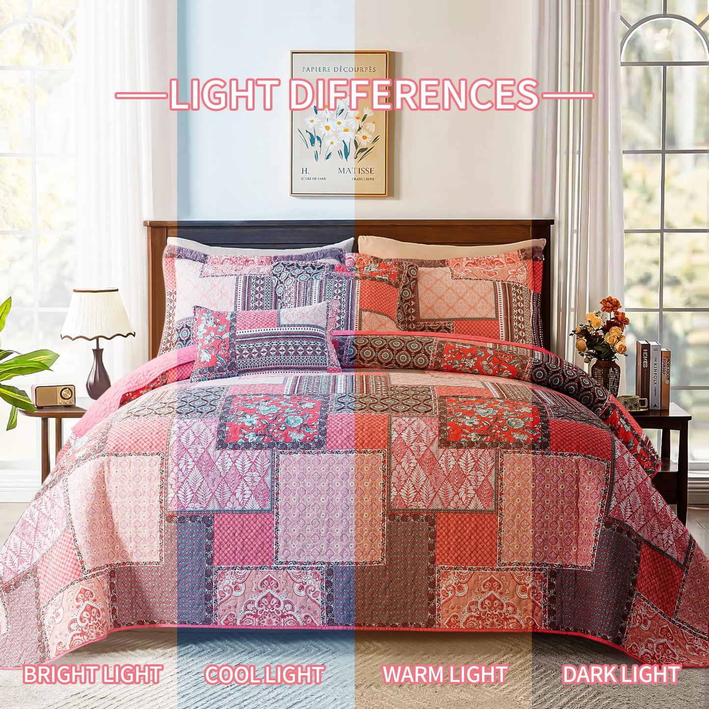 BEDIFANY Cotton King Quilt Set, Farmhouse King Size Quilt Bedding Set with 2 Pillow Shams, 3 PCs Lightweight King Size Bedspreads for Bed Decorations - All Seasons Coverlet Sets