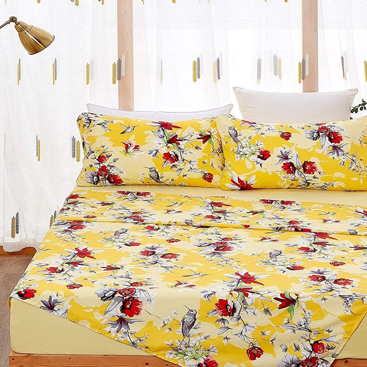 DaDa Bedding Lovely Yellow Floral Fitted and Flat Bed Sheets - Radiant Sunshine Hummingbirds Multi-Colorful Red Flowers - Bright Vibrant w/Pillow Cases Set - Full Size - 4-Pieces