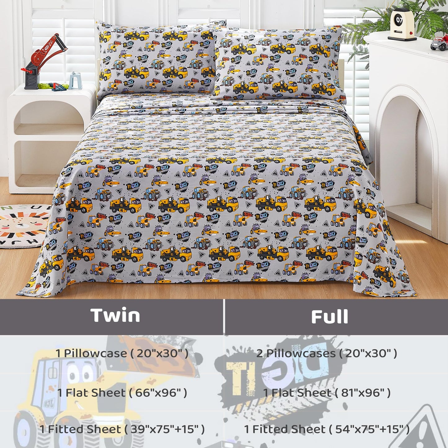 Viviland 3 Pieces Boys Grey Truck Twin Sheet Set - Soft Microfiber Fitted Flat Sheets & Pillowcase Bed Sheet Set - Heavy Duty Vehicle Print Bedding Sets for Kids