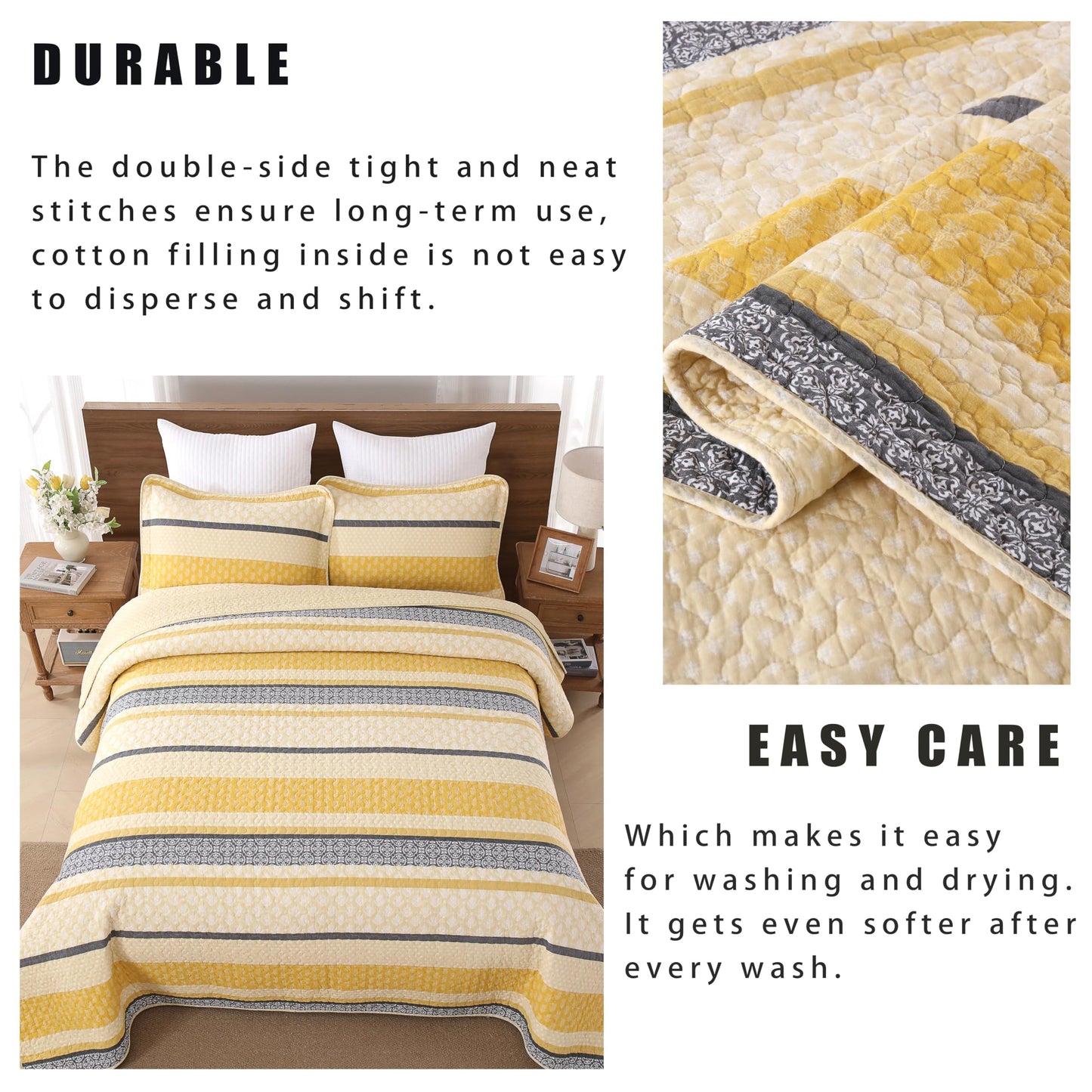 Homzard Quilt Cotton Queen Quilt Bedding Set,Yellow Black Grey Queen Size Comforter Set,Striped Bedspread Queen Size, Lightweight Farmhouse Bed Set Cover All Season 3 Pieces