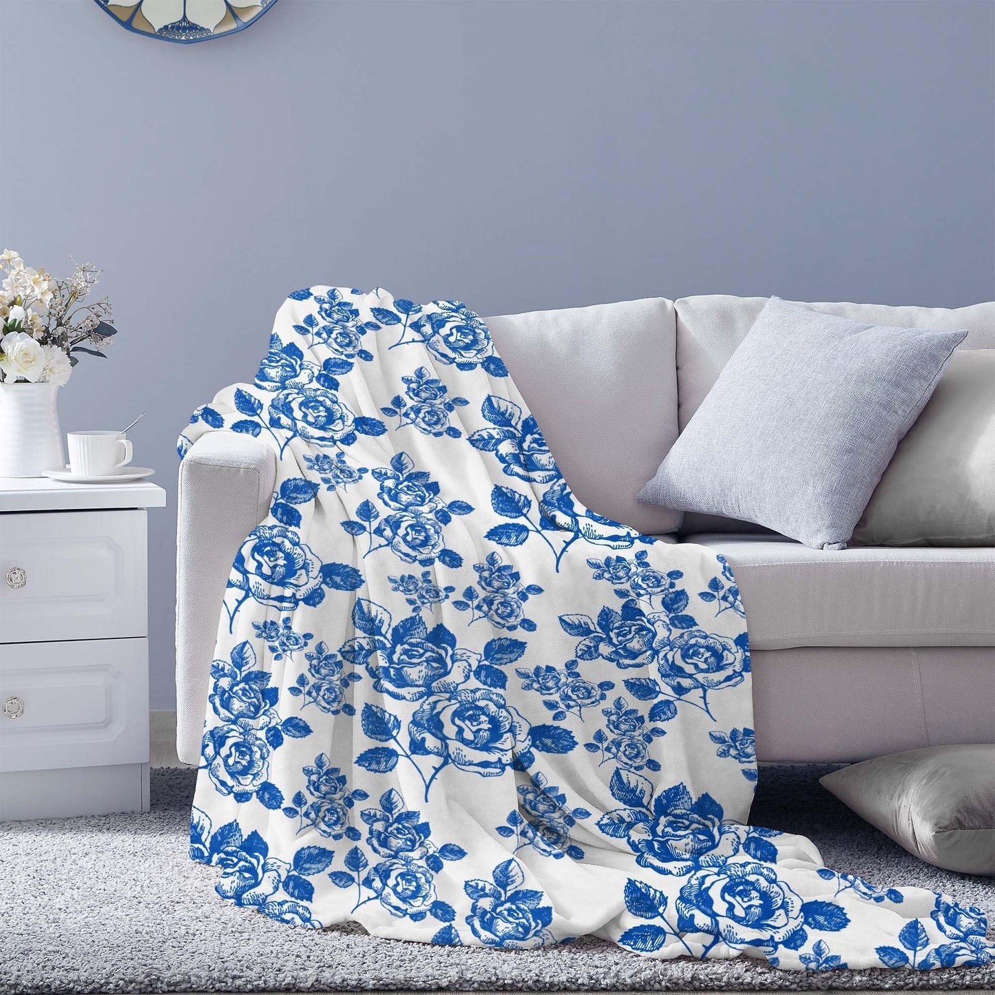 Pdvbiee Blue Floral Throw Blanket, French Country Chinoiserie, 50x60 in
