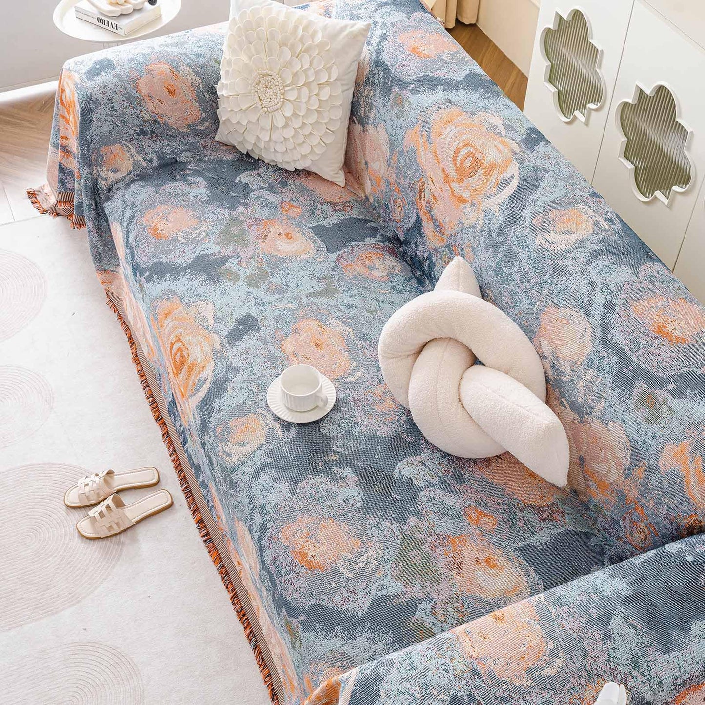VClife Flower Couch Cover for Sectional Sofa Washable Sofa Cover, Modern Peach Blue Flower Sofa Couch Cover Breathable Anti-Slip Cotton Linen Sofa Slipcover with Tassel Aesthetic Sofa Cover 71"x118"