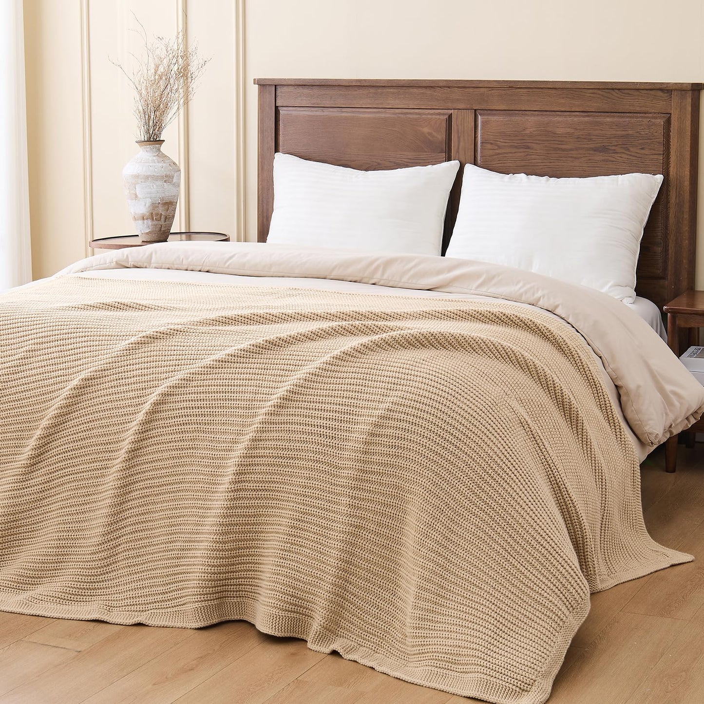Chunky Knit Beige Throw Blanket for Couch Soft Cozy Thick Cable Knitted Throw for Sofa Bed Cute Decorative Blanket for Living Room,50"x 60",Ginger Beige