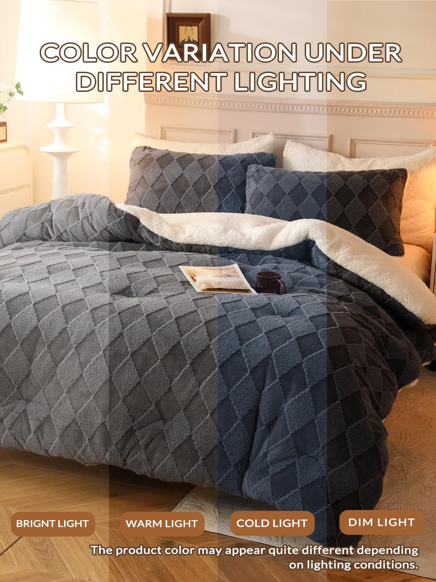 hadamick Tufted Fleece Comforter Set King - Super Soft Warm Fluffy Shaggy Bedding Sets, Diamond Plaid Jacquard Bed Set for Winter, 1 Sherpa Comforter with 2 Pillow Cases (104"X90" Grey)