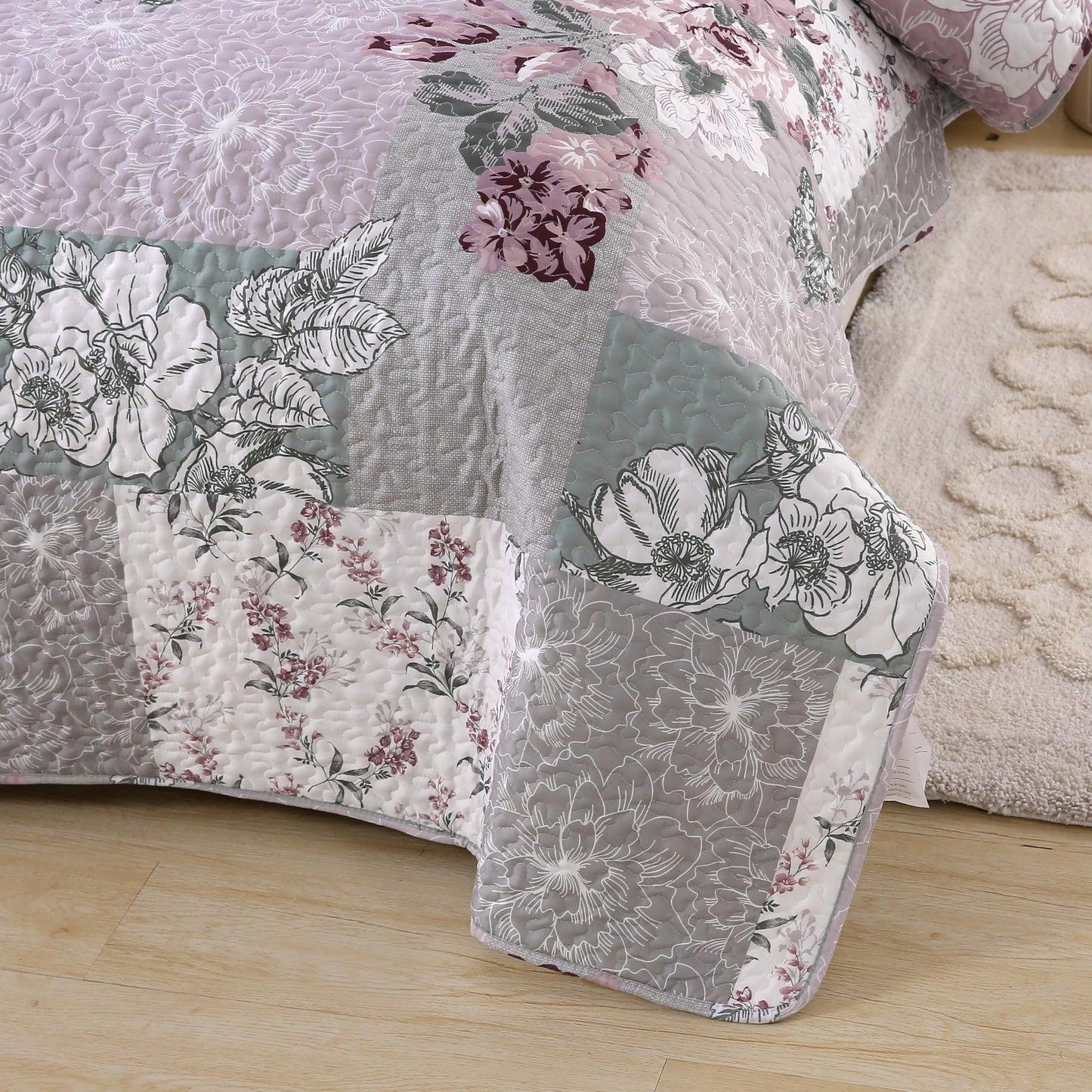 DURLENGEN Patchwork Quilt Set King Size 3Pcs, Floral with Patchwork Pattern,Soft Microfiber Lightweight Bedspread for All Season Layering(King 106x96,Floral Patchwork)