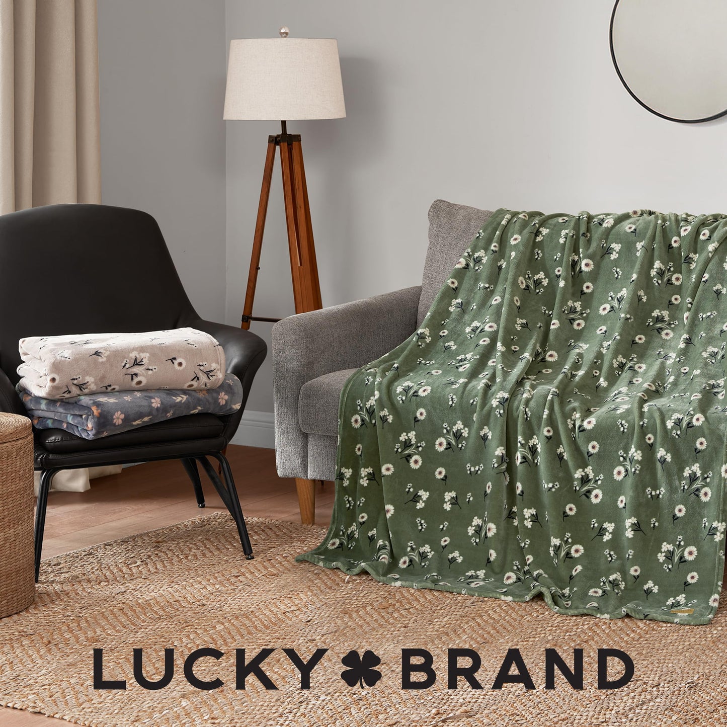 Lucky Brand Cozy Plush Blanket - Premium Microfiber Throw for Luxurious Comfort and Style, 50" x 70", Daisy Green Floral