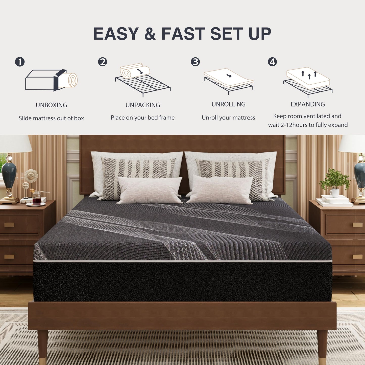 Dyonery Queen Size Mattress, 12 Inch Gel Memory Foam, Cooling & Back Pain Relief, Fiberglass Free, CertiPUR-US Certified, Foam Made in USA, Medium
