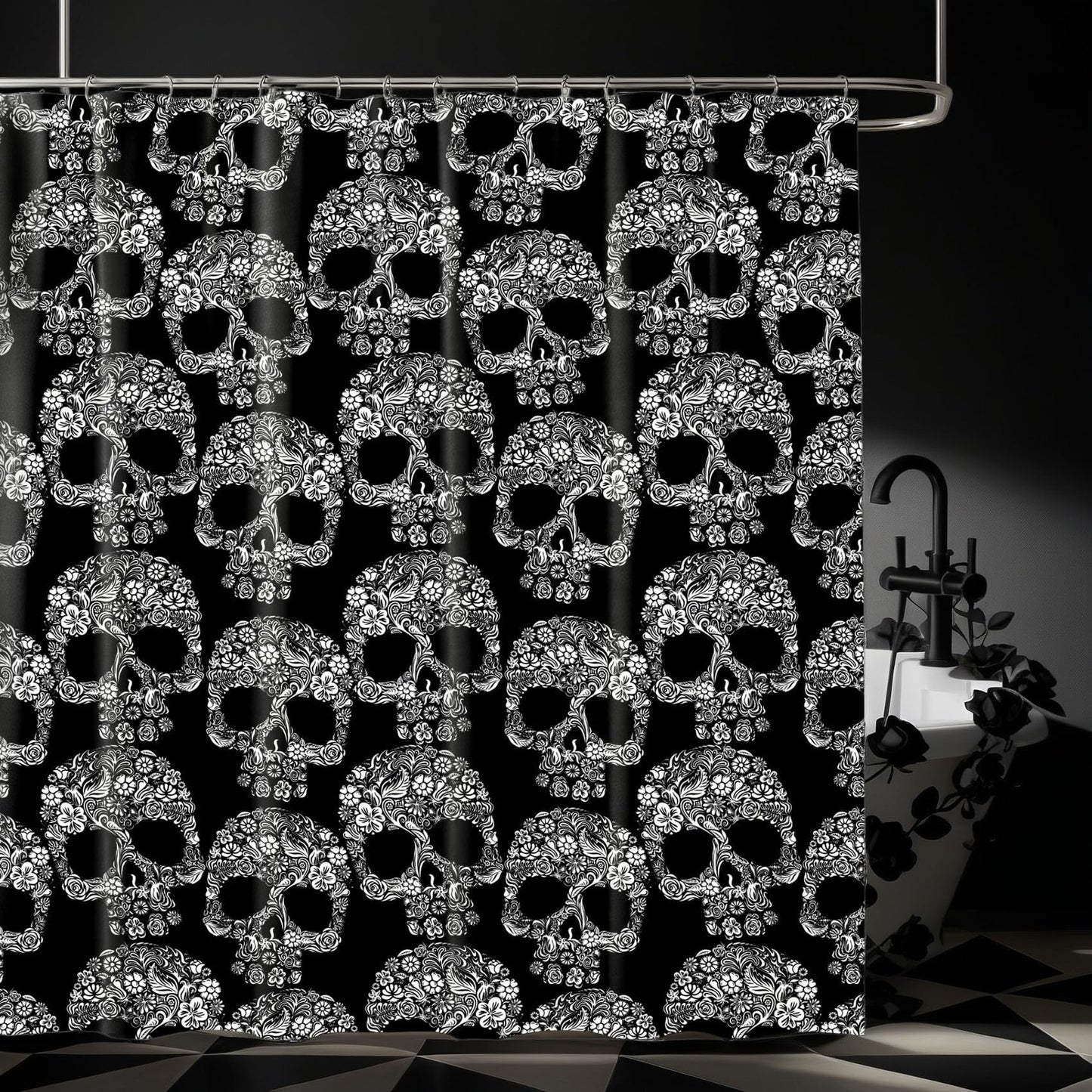 SDIII Sugar Skull Shower Curtain Set 72x72 Inch, Waterproof Microfiber Gothic Shower Curtain Set Skeleton for Victorian Goth Bathroom Decor Halloween