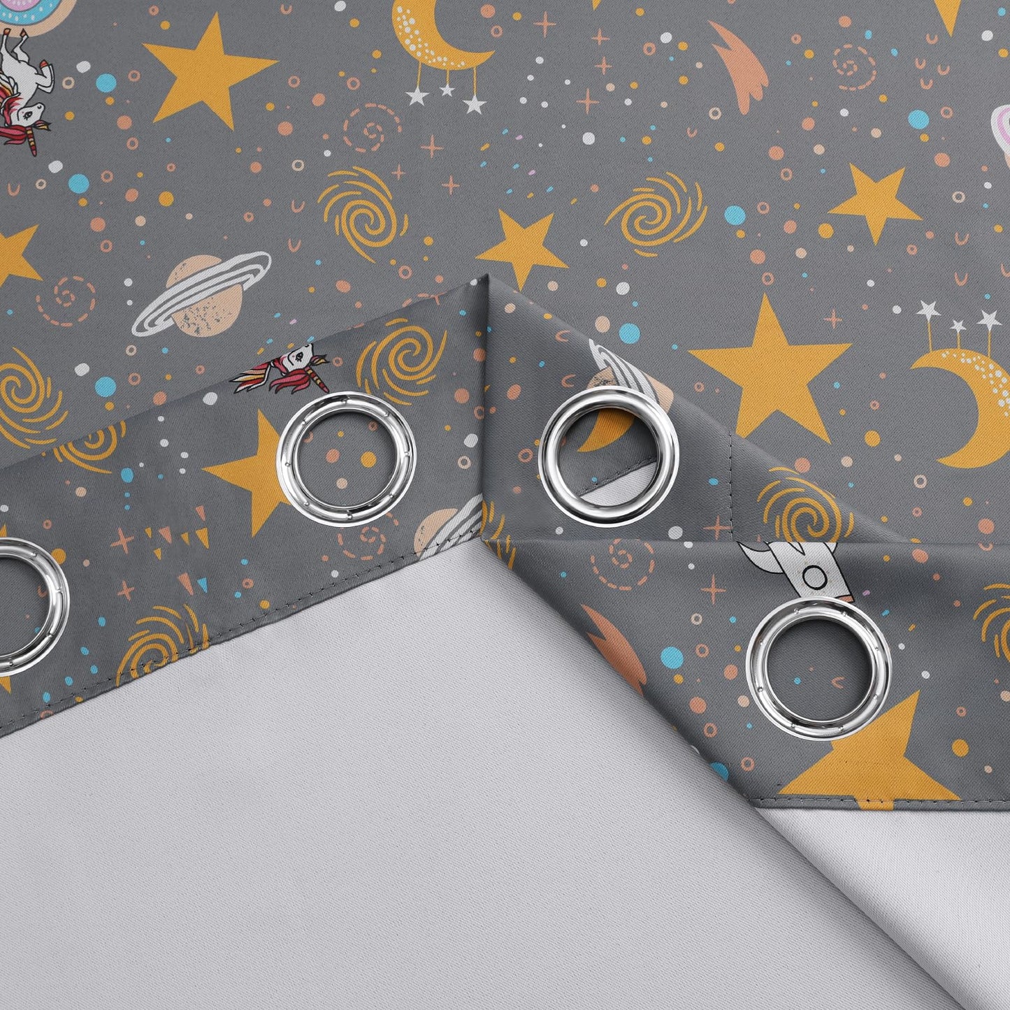 Estelar Textiler Planets Unicorn Printed Grey Blackout Curtains for Nursery Bedroom, Thermal Insulated Room Darkening Star Moon Pattern Grommet Window Drapes for Toddler Room,Gray, W38 x L63, 2 Panels