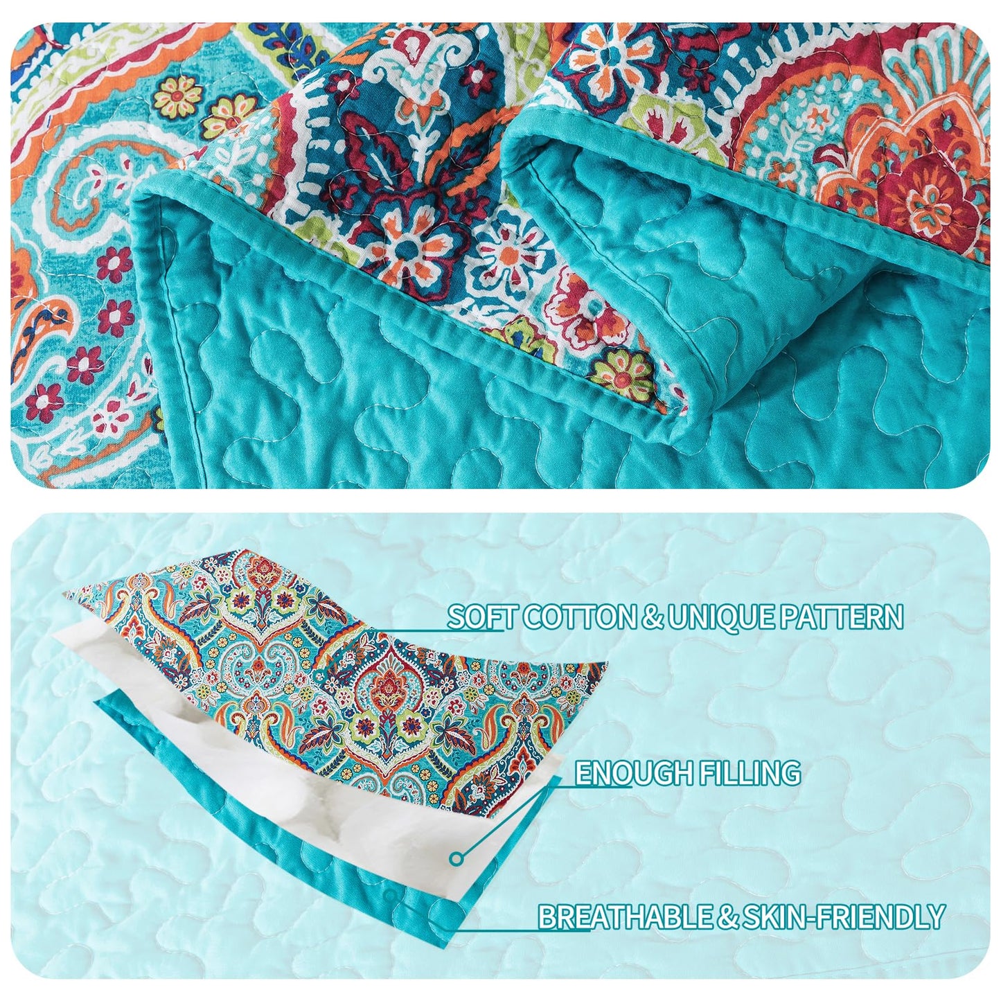 BEDIFANY Cotton Queen Quilt Set - Lightweight Queen Size Quilts Bedding Set for a Comfortable Sleep - Reversible Bedspread Coverlet (90 * 98 in) with Boho Pattern, 3 Pieces
