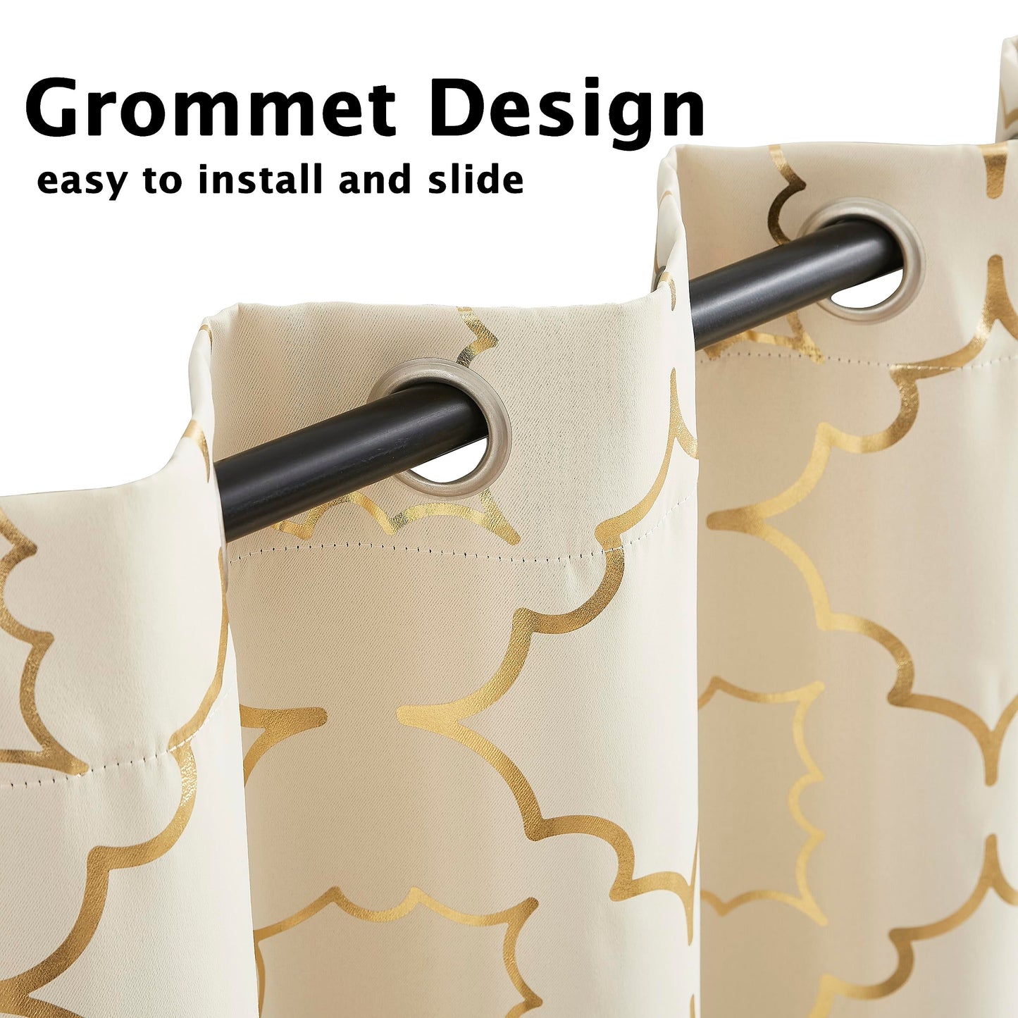 Purainbow Beige Blackout Curtain Panels for Bedroom 84" Gold Foil Moroccan Metallic Print Energy Efficient Drapes for Bedroom Living Room, Thermal Insulated Window Treatments Grommet Top 2 Panels
