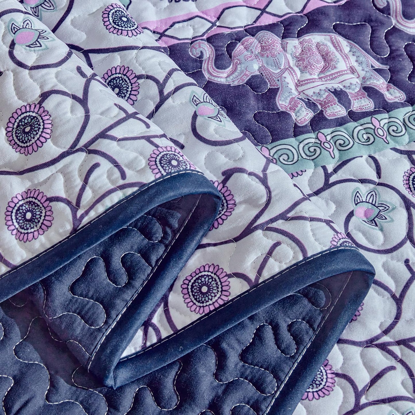 Boho Quilt Set Queen Size - Reversible Bohemian Quilt Bedding Set, 3 Pieces Colorful Lightweight Microfiber Bedspread Purple Elephant Paisley Circle Coverlet Set with 2 Pillow Shams for All Seasons