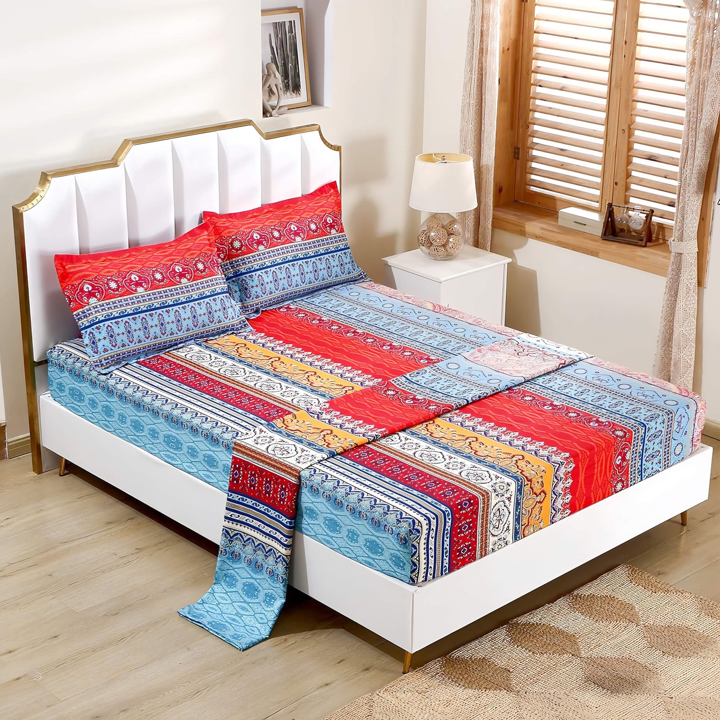 SDY 4 Pieces Boho Queen Sheet Set, Red Deep Pocket Queen Size Fitted Sheets, Microfiber Striped Soft Bohemian Sheet Set for Adult