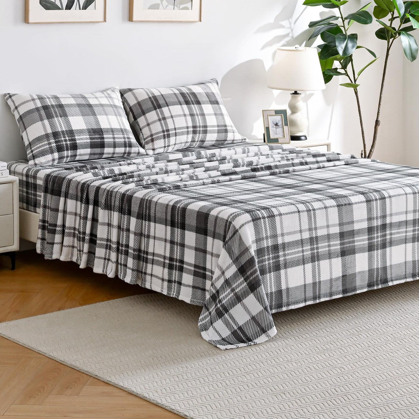 Viviland Plush Micro Polar Fleece Full Bed Sheet Set, Cozy Flannel-Like Velvet/Velour Fitted Sheets with 15" Deep Pocket, Fuzzy Warm Winter Double Sheets & Pillowcase Set, Gray and White Plaid