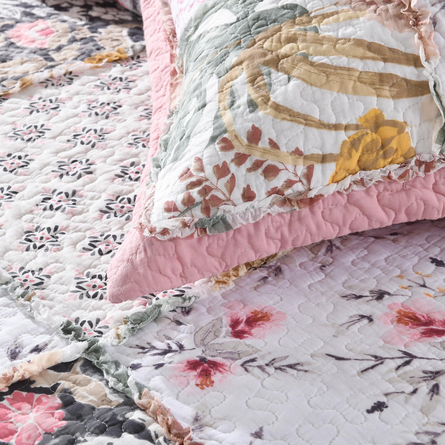 Etwel 100% Cotton Patchwork Queen Size Quilt Set - Lightweight Breathable Reversible Bedspread for Hot Sleepers, Farmhouse Bedding Set with 2 Pillow Shams for All Season (90"x90", Pink Floral Plaid)