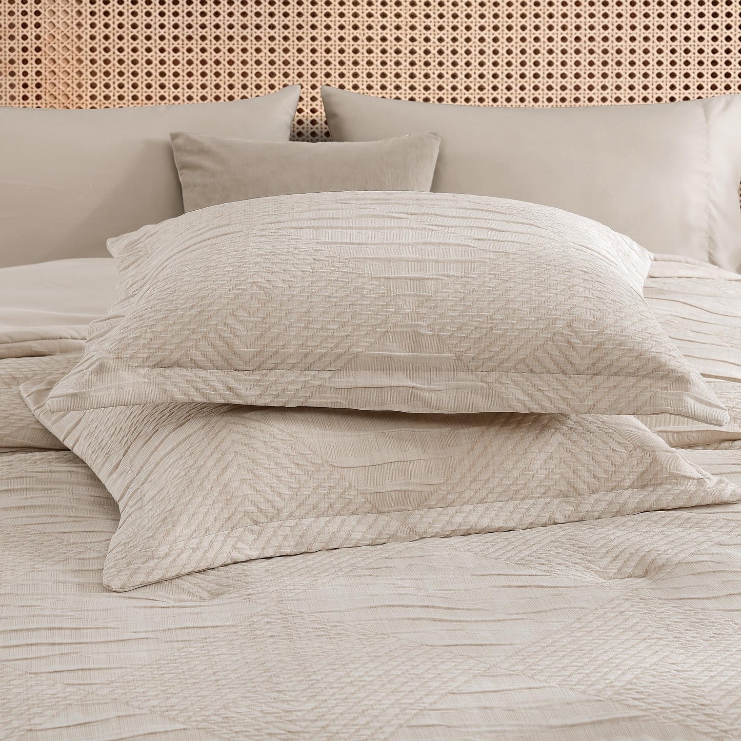 MaiRêve Queen Comforter Set Beige, Crinkle Textured Design Boho Bedding Set 7 Pieces Bed in A Bag, All Season Geometric Comforter Set with Sheets, Pillowcases & Shams
