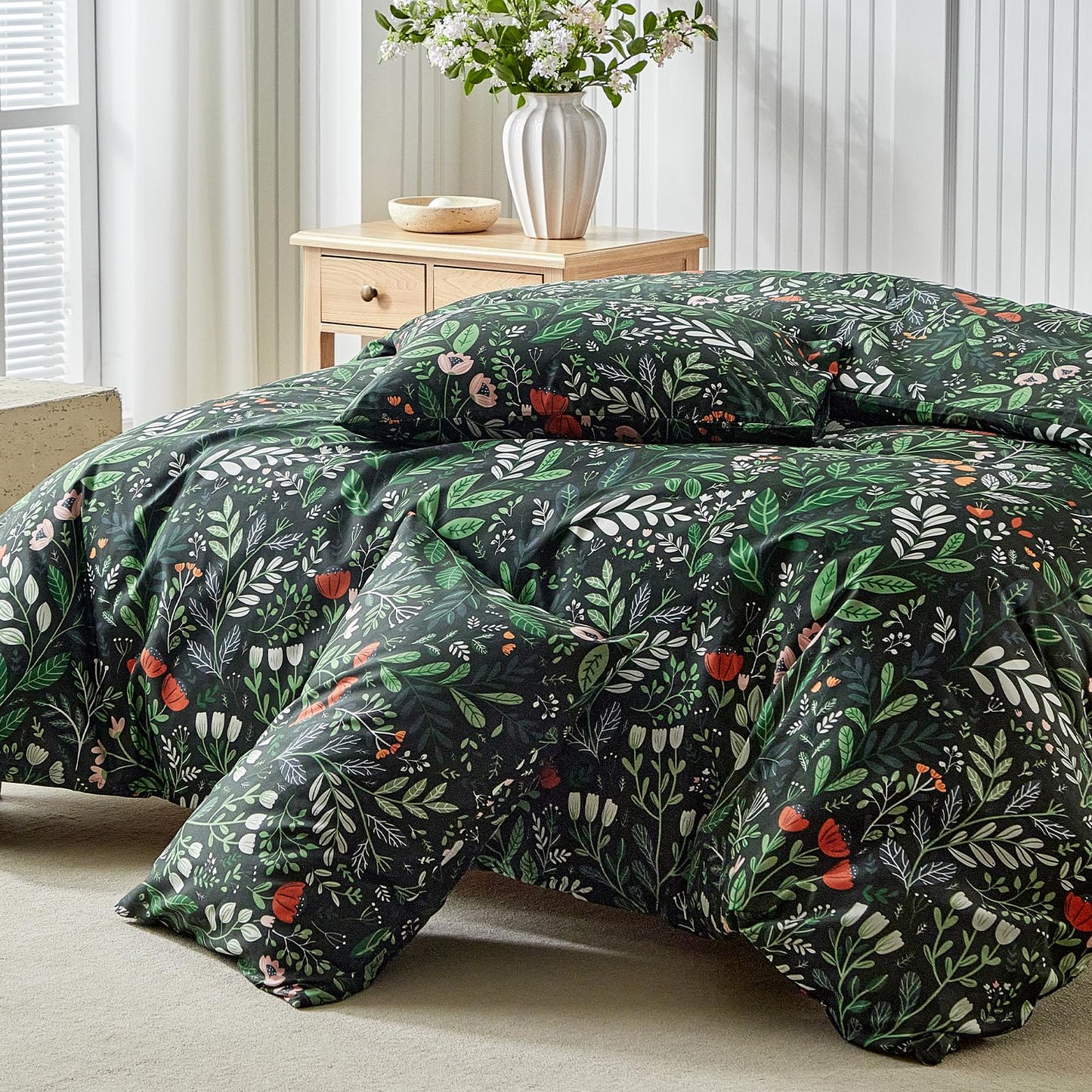 Lekesky King Size Reversible Duvet Cover, Duvet Cover King Size 3 Piece Romantic Garden Microfiber Botanical Bedding Set with Zipper Closure Corner Ties