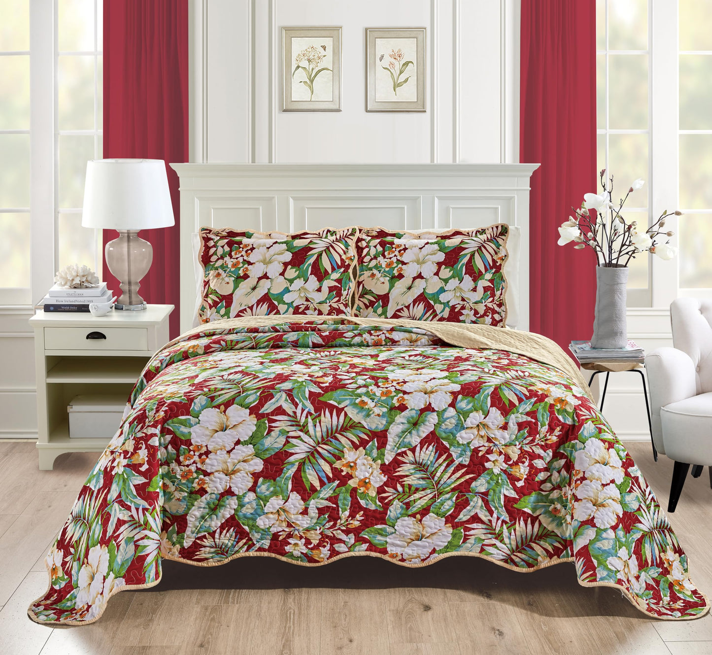 Grand Linen 3-Piece King Size Tropical Oversized Quilt Set 120 inch X 106 inch All Seasons XL Bedspread, Pillow Shams Lightweight Soft Coverlet Red Green White Colors Bed Cover Floral Leaves Pattern