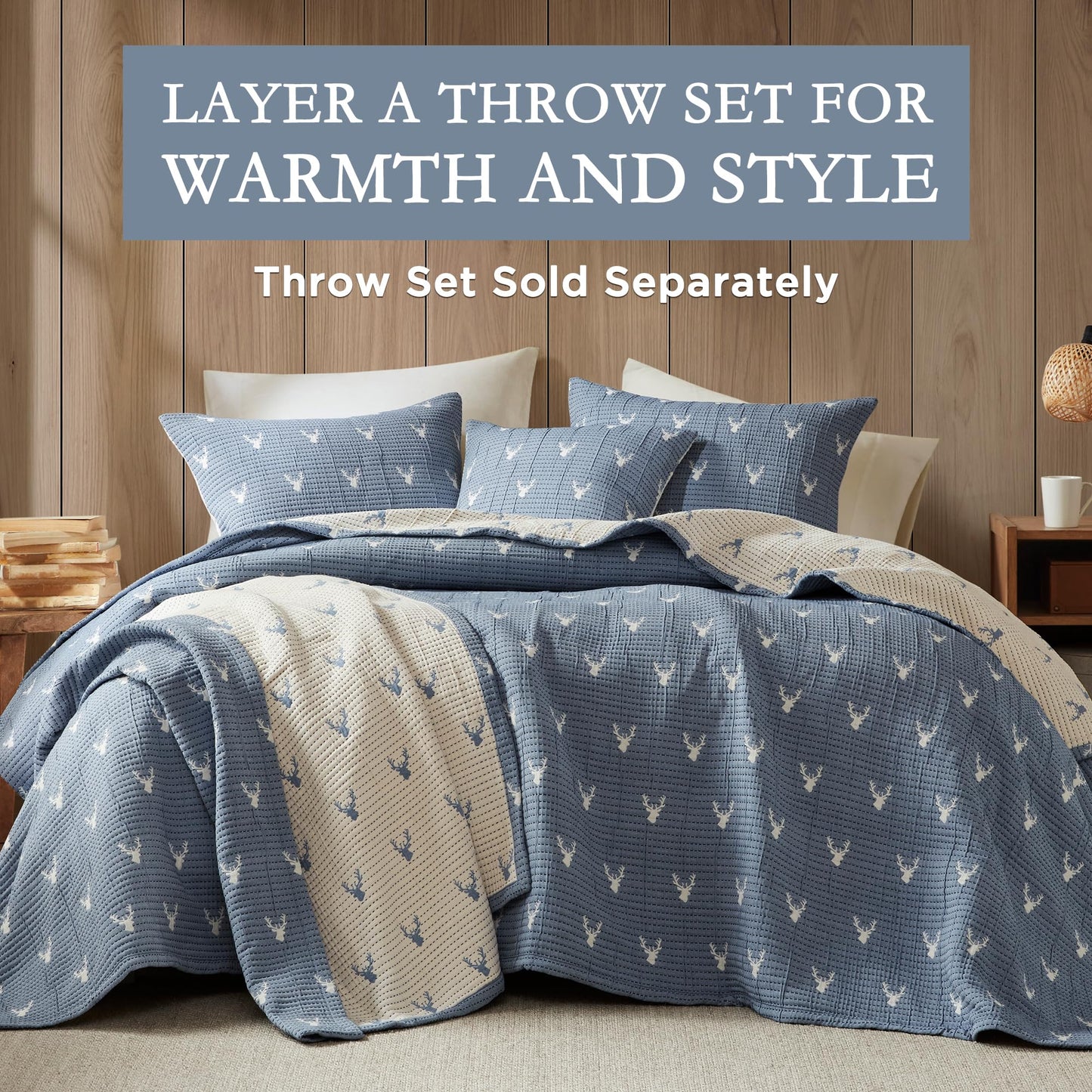 Woolrich Coverlet Set Rustic Lodge Design, 3 Piece Set All Season, Lightweight Reversible Farmhouse Bedspread Bedding, Shams, Full/Queen, Blue