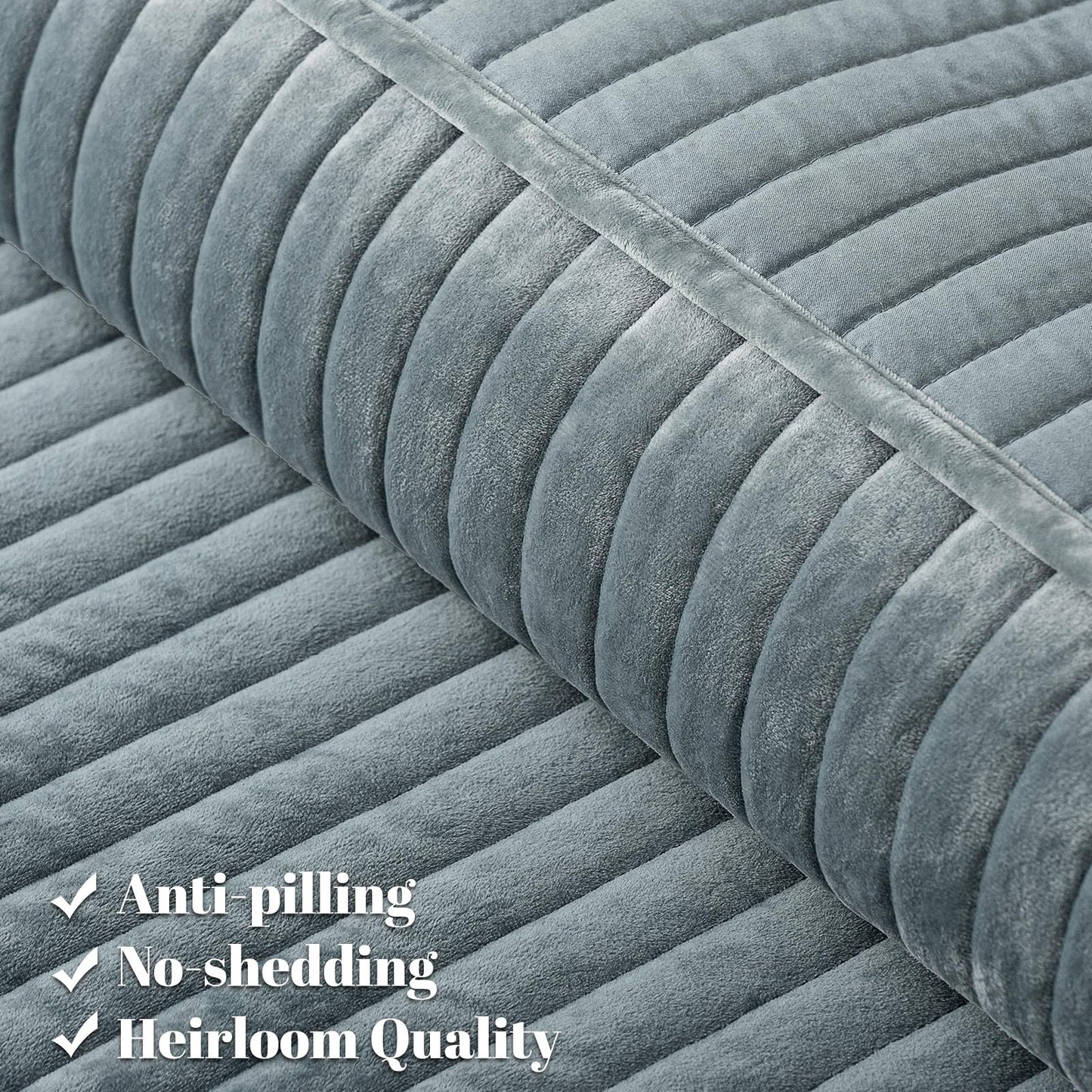 PHF Luxury Velvet Quilt Set Queen Size – 3PCS Ultra Soft Quilted Comforter Alternative with Striped Channel, Cozy Quilted Bedspread, 1 Coverlet with 2 Matching Shams, 90" x 92", Dusty Blue