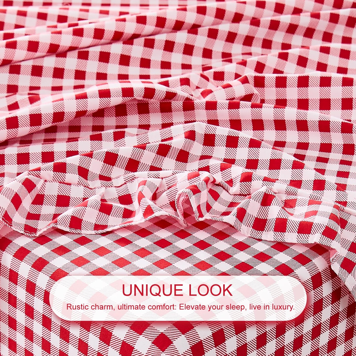 kisswish Gingham King Sheet Set, Lightweight Super Soft Brushed Microfiber Plaid Bed Sheets with 16" Deep Pocket, 4 Piece Ruffle Farmhouse Bedroom Decor, Red