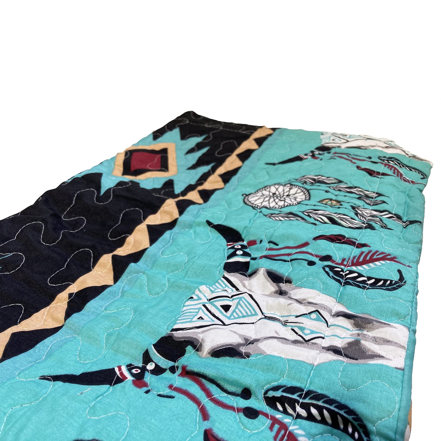 Western Peak Bull Skull Native Tribal Feather Artisan Southwestern Boho Design Quilt Bedding Set with Pillows (3 Piece Black Teal, Queen)