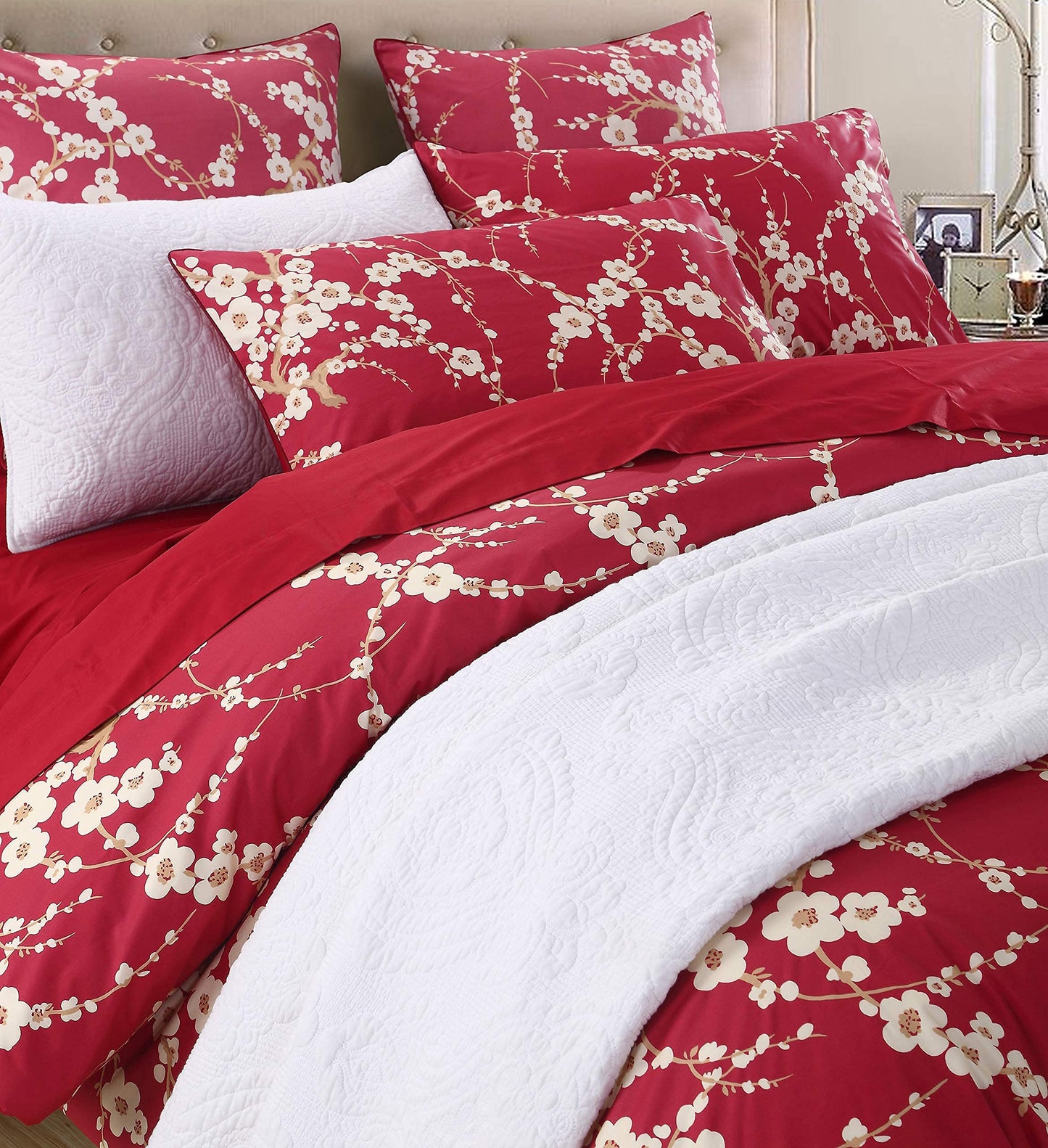 Brandream King Size Duvet Cover Set Japanese Oriental Style Cherry Floral Red Blossom Flower Branches Print Chinoiserie Bedding Pillowcases Set 800TC Egyptian Cotton Sateen Botanical Tree 3 Piece