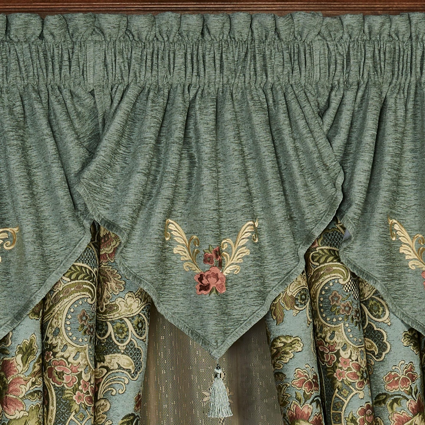 Calais Chateau Traditional Luxury Window Treatments | Soft Teal Chenille | Colorful Pastel Woven Classic Jacobean Florals | Lined Drapery Set Includes 3 Embroidered Ascot Valances & 95L Curtain Pair
