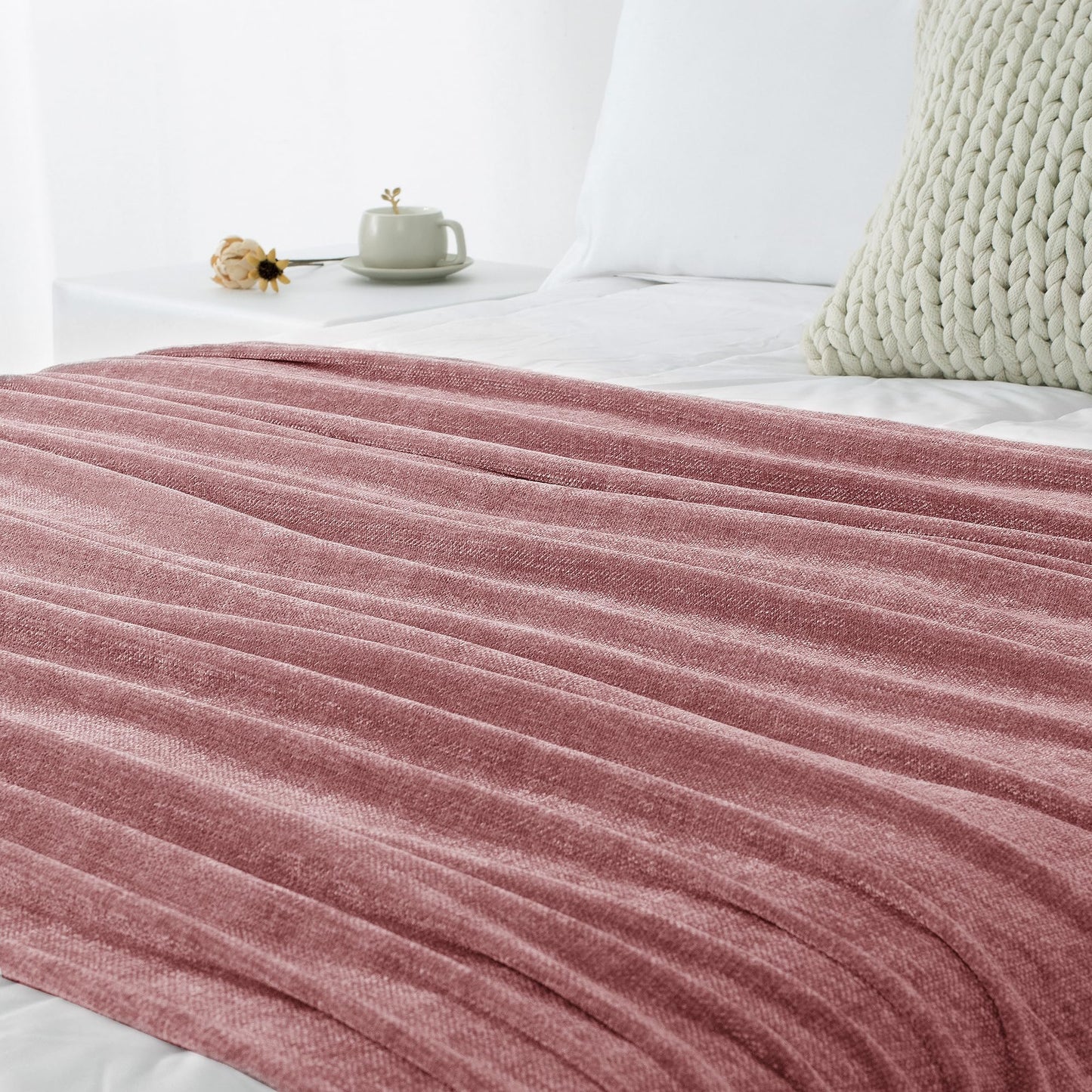 LONG CREATE Chenille Throw Blanket for Couch 50"X 60", Soft Cozy Throws with Fringe Tassel for Bed Sofa Chair Cover, Lightweight Knitted Decorative Boho Blankets for Living Room, Mauve